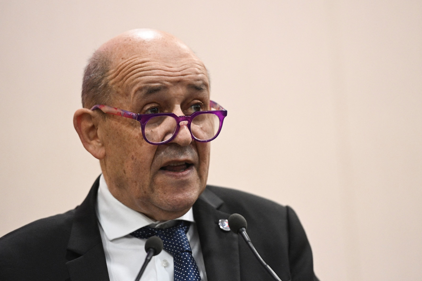 French Foreign Minister Jean-Yves Le Drian speaks at an event in Paris, France, on February 22. 