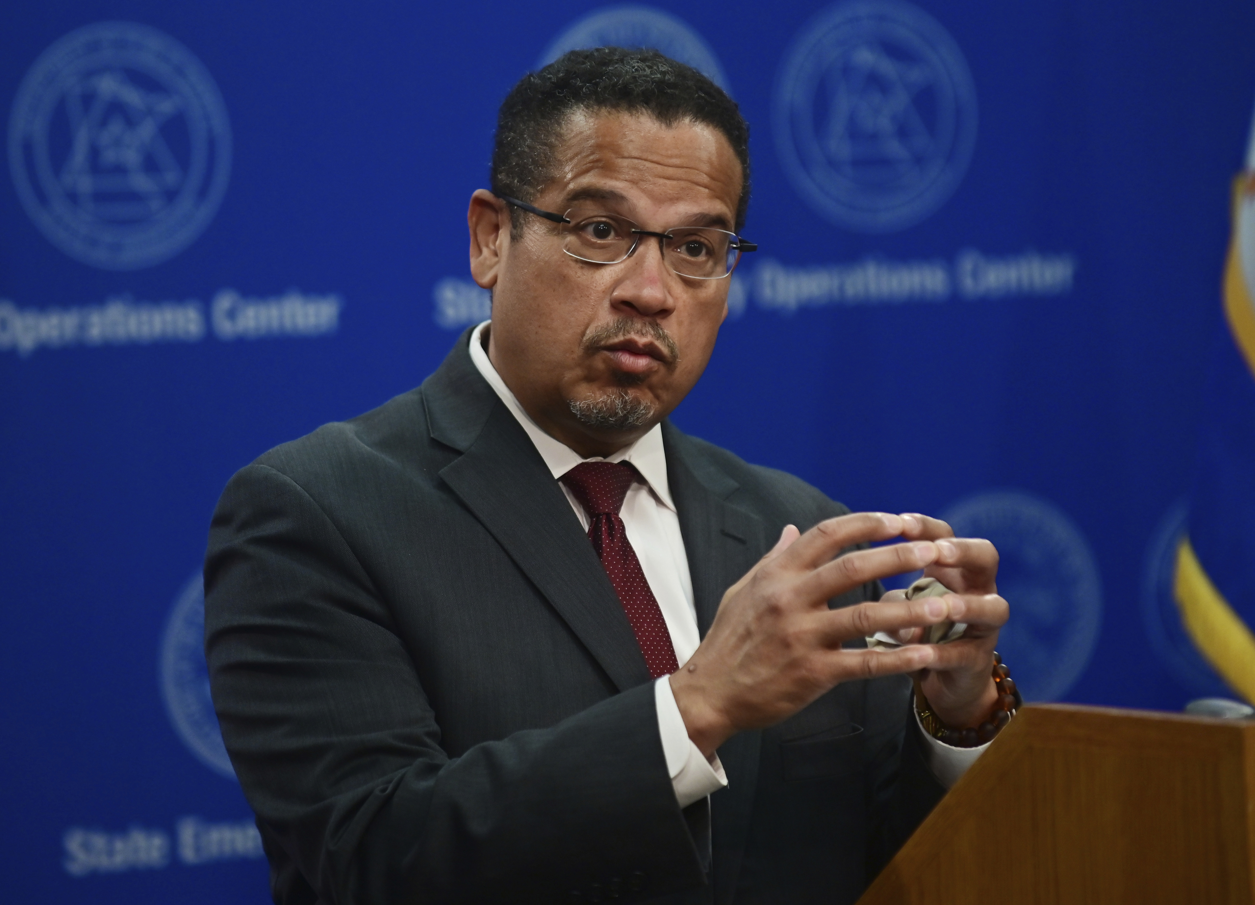 Minnesota Attorney General Keith Ellison answers questions about the investigation into the death of George Floyd during a news conference in St. Paul, Minnesota, on May 27.