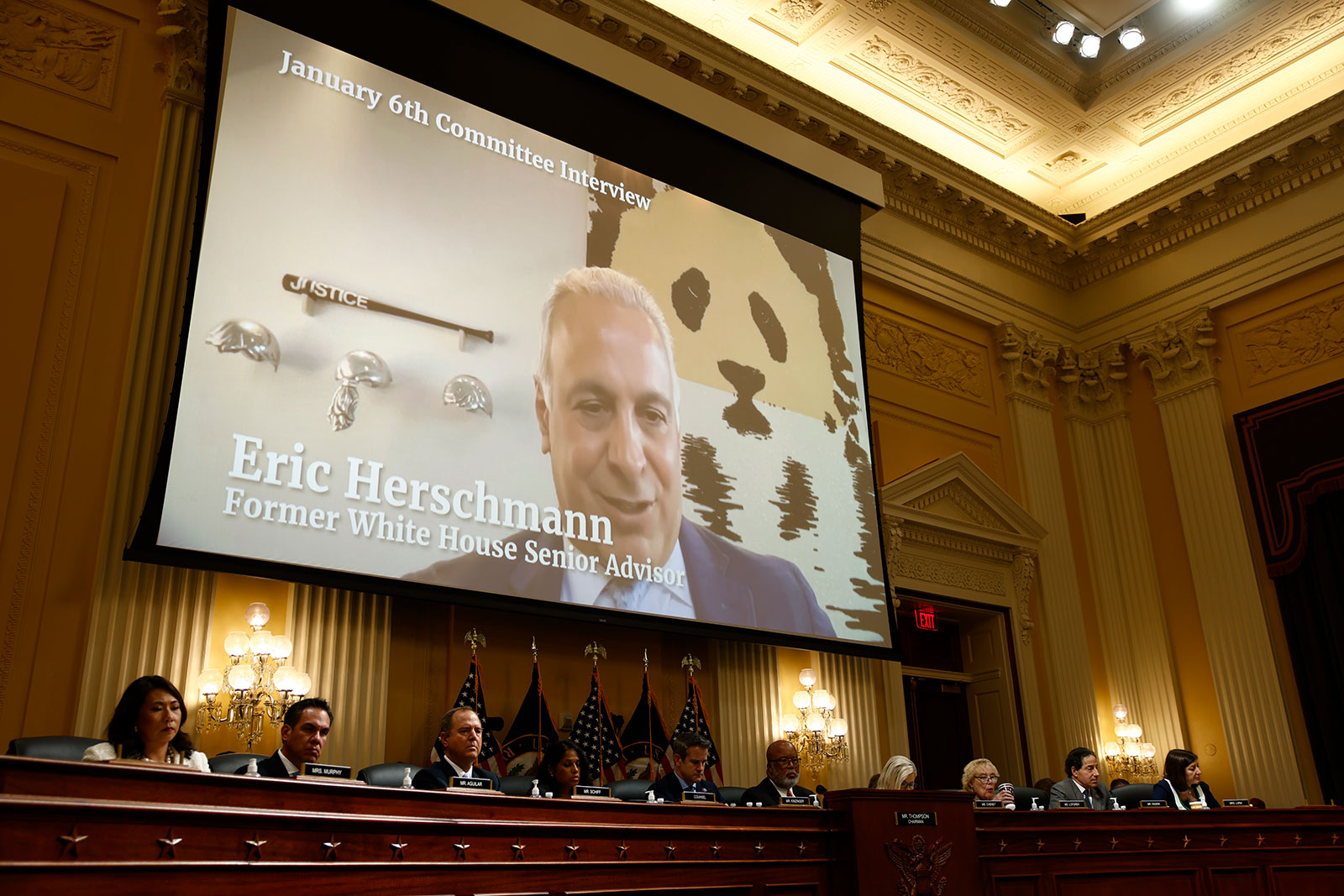 White House lawyer under former President Donald Trump, Eric Herschmann, is displayed on a screen during the House select committee hearing on June 23. 