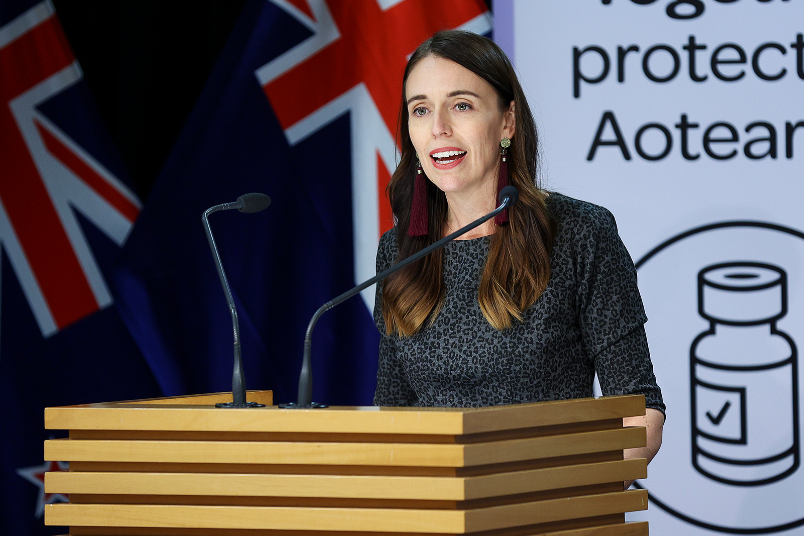 Prime Minister Jacinda Ardern speaks to the media during a news conference at Parliament in Wellington, New Zealand, on April 6.