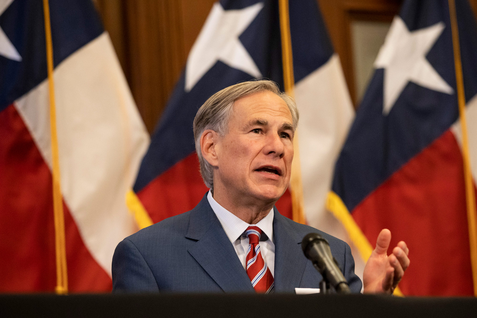 Texas Governor Greg Abbott speaks at a press conference at the Texas State Capitol in Austin on May 18.