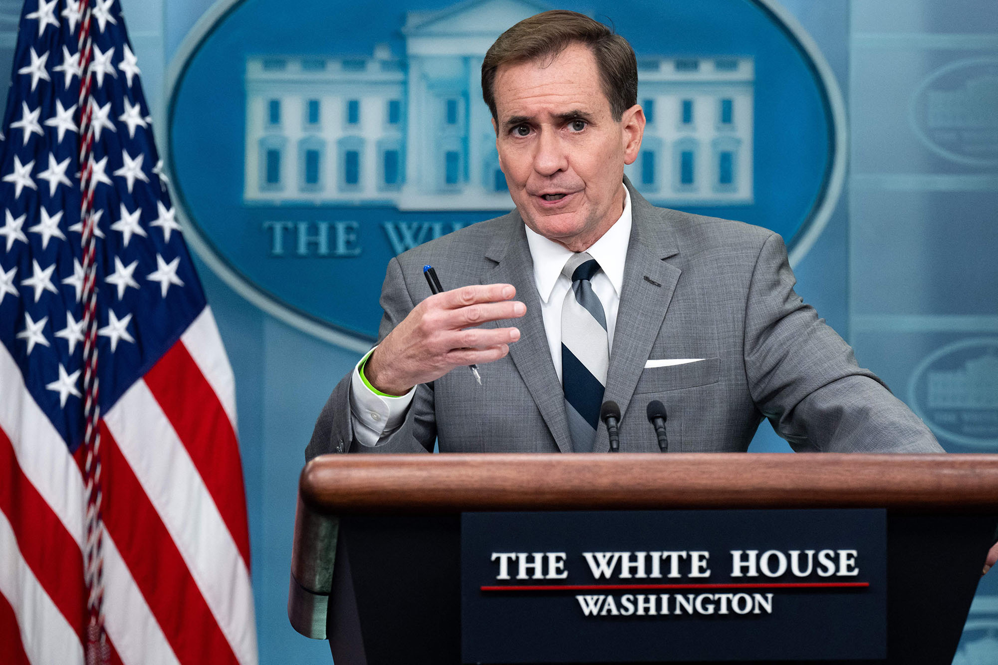 National Security Council Coordinator for Strategic Communications John Kirby speaks from the White House successful  Washington, DC, connected  October 26. 