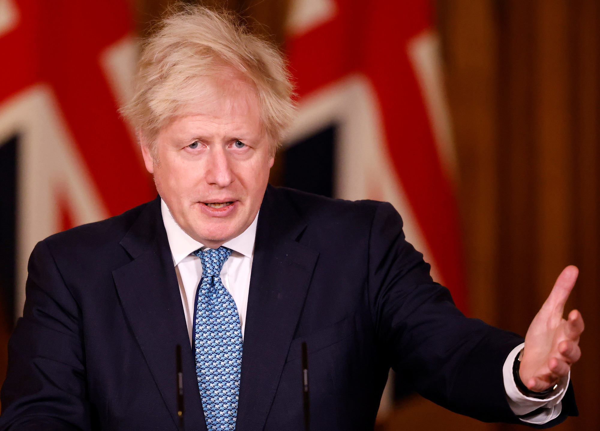 Britain's Prime Minister Boris Johnson speaks during a virtual press conference inside 10 Downing Street in London on December 21.