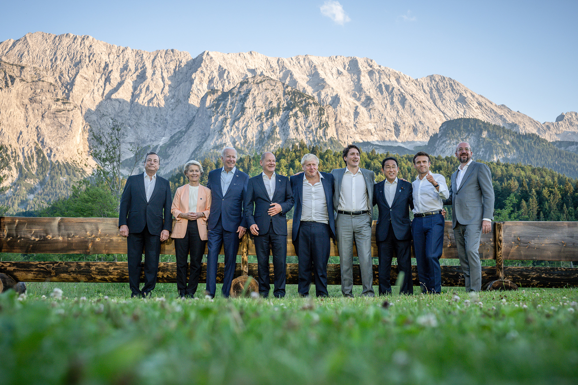 The G7 leaders lined up for an informal group photo at the "Merkel - Obama" bench after dinner at the G7 meeting at Schloss Elmau, Germany, on June 26. 