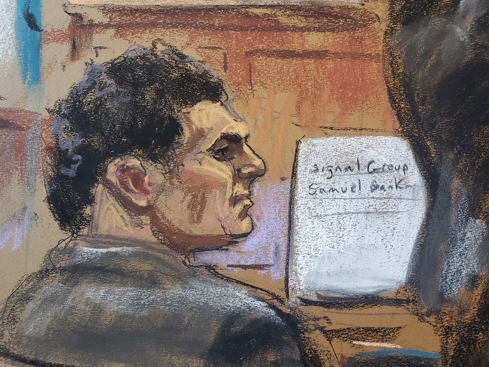 FTX founder Sam Bankman-Fried attends as FBI agent Marc Troiano testifies as Bankman-Fried faces fraud charges over the collapse of the bankrupt cryptocurrency exchange, at federal court in New York City, today.