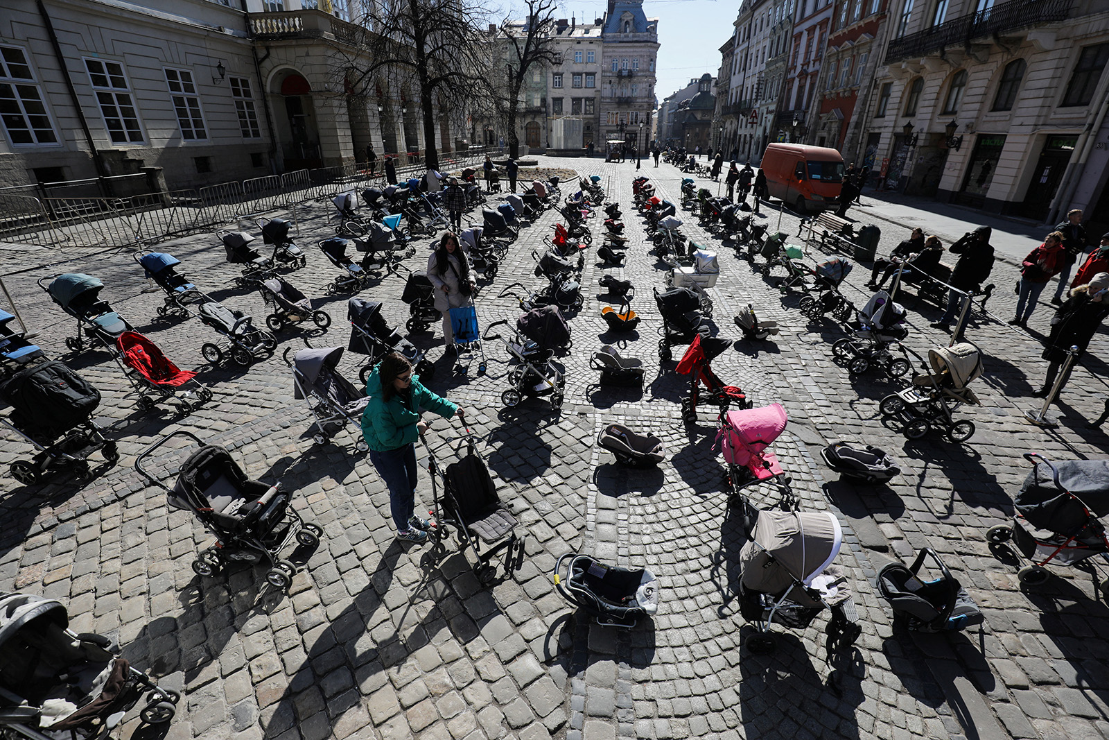 109 empty prams placed in the center of Lviv during the "Price of War" campaign organized by local activists and authorities to highlight the large number of children killed during Russia's invasion of Ukraine, in Lviv, on March 18.