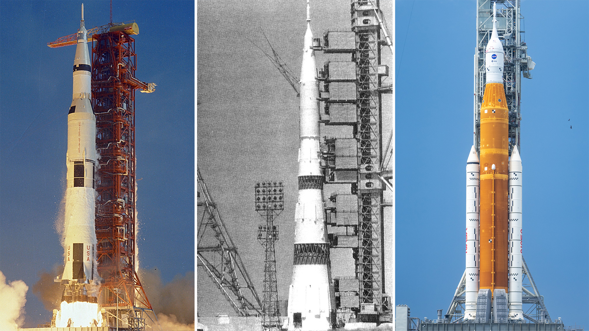From left: NASA's Saturn V rocket, Russia's N-1 lunar launch rocket, and NASA's Space Launch System rocket.