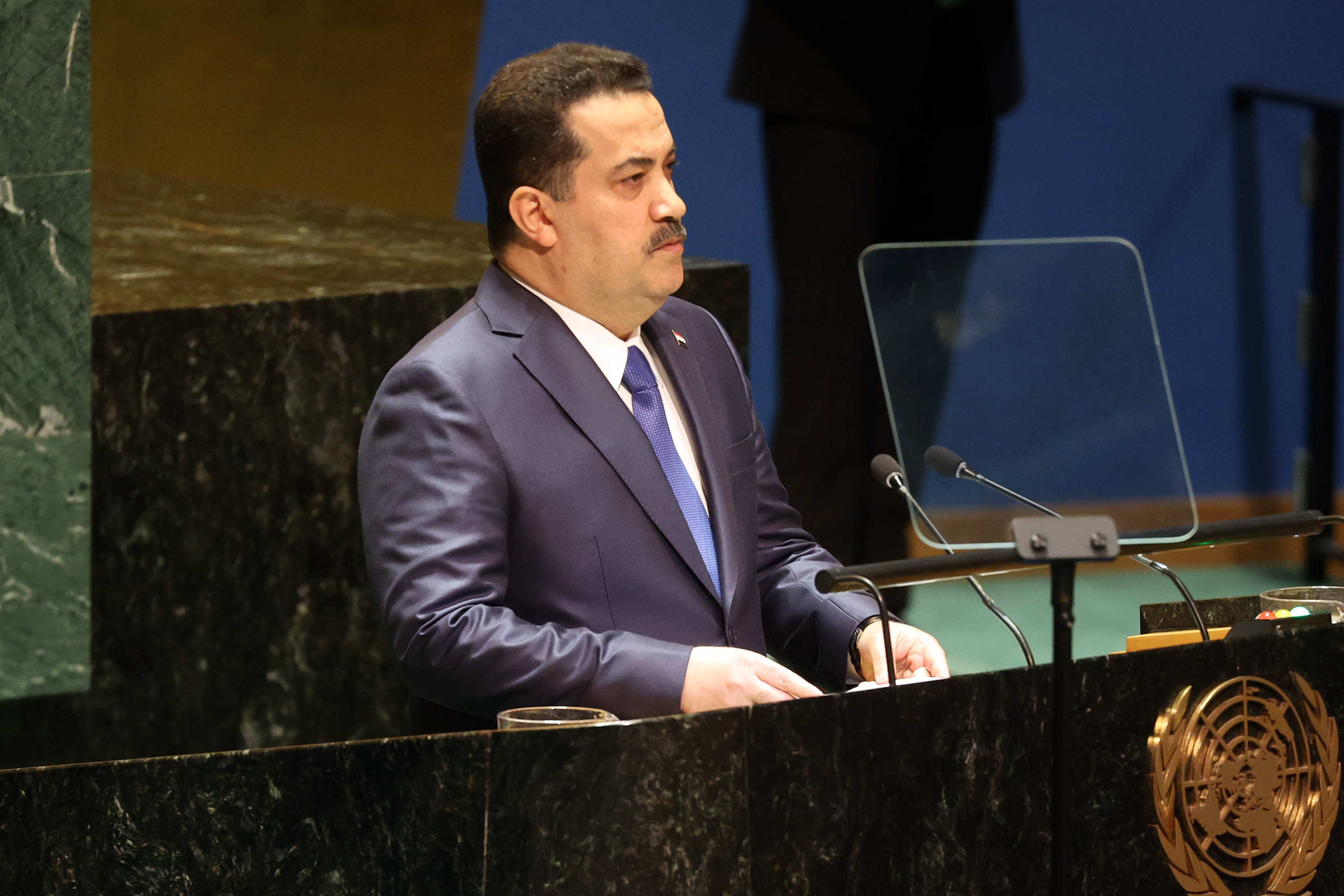 Iraqi Prime Minister Mohammed Al-Sudani is pictured speaking during the United Nations General Assembly on September 22, in New York City. 