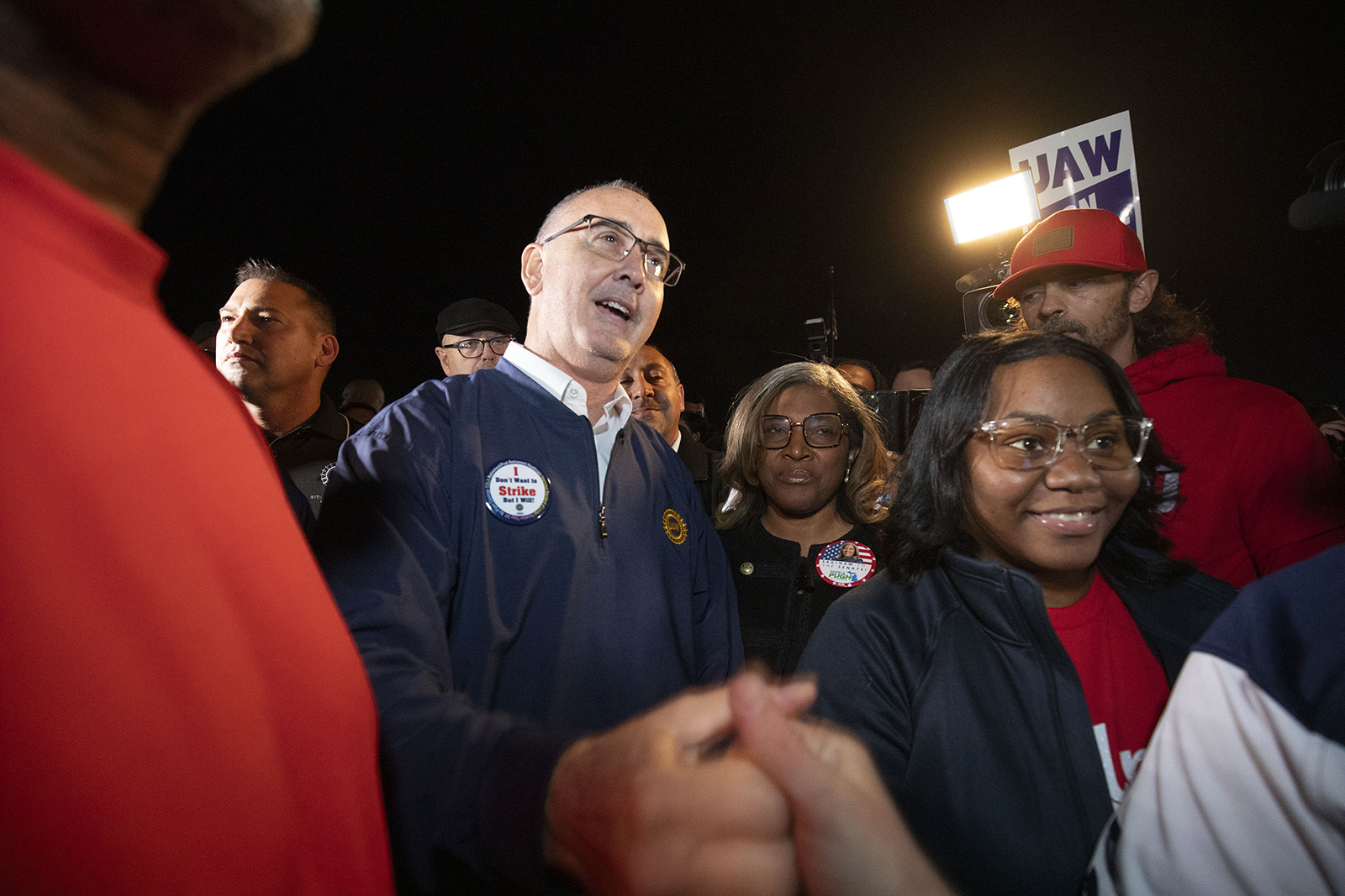 United Auto Workers President Shawn Fain joins UAW members as they go on strike at the Ford Michigan Assembly Plant on September 15 in Wayne, Michigan. 