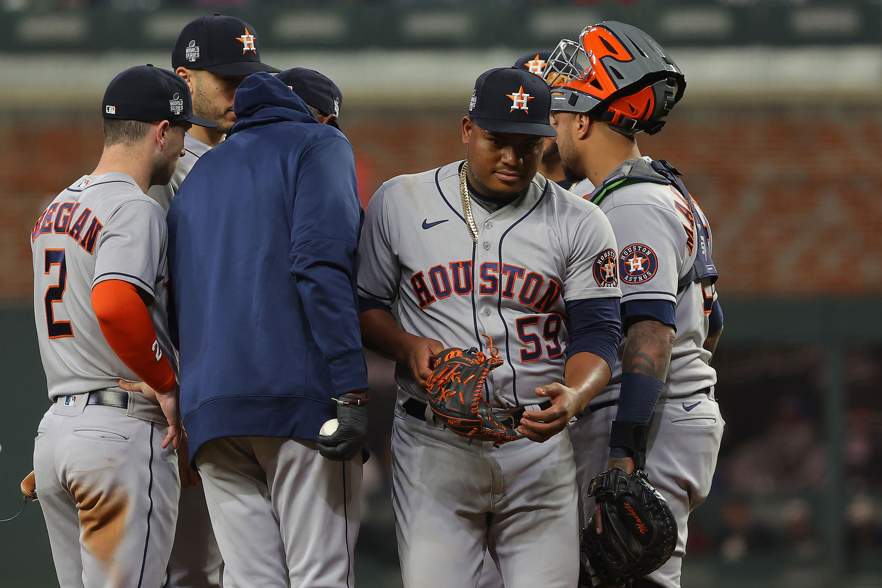 Framber Valdez #59 of the Astros is taken out of the game during the third inning.