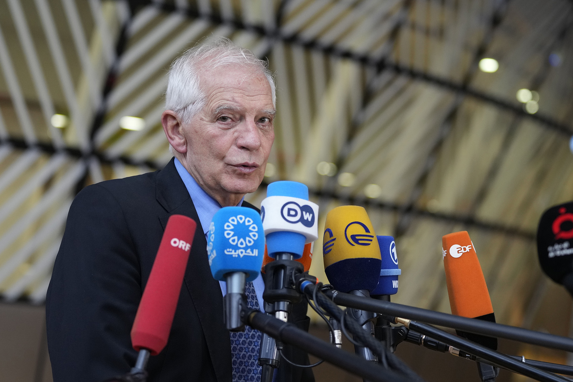 European Union foreign policy chief Josep Borrell speaks with the media as he arrives for a meeting of EU foreign ministers at the European Council building in Brussels, Belgium, on March 20.