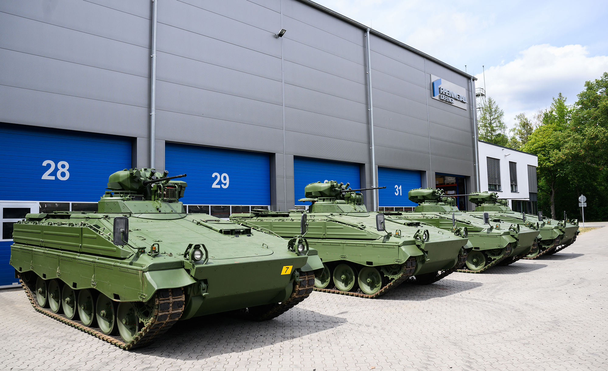 Reconditioned Marder infantry fighting vehicles on display at Rheinmetall's Unterluess plant on July 14 in Lower Saxony, Germany.