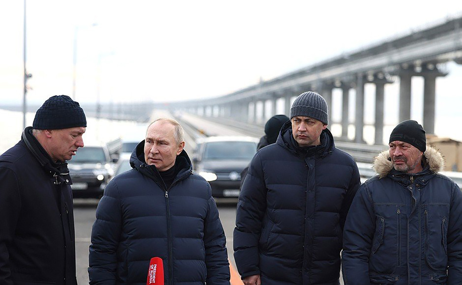 Vladimir Putin, second left, visits the Kerch Bridge, Crimea, on December 5.