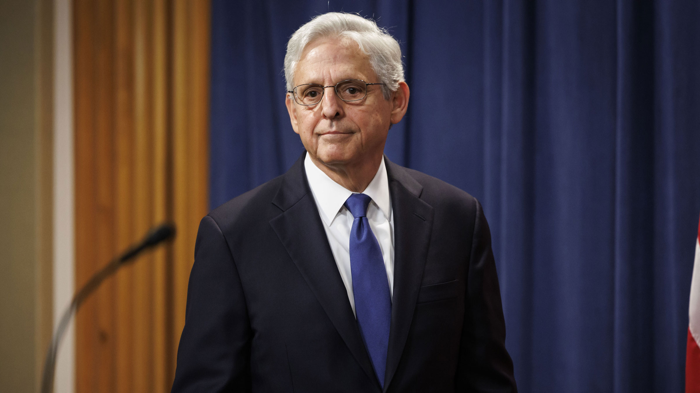 Attorney General Merrick Garland arrives for Friday's news conference.