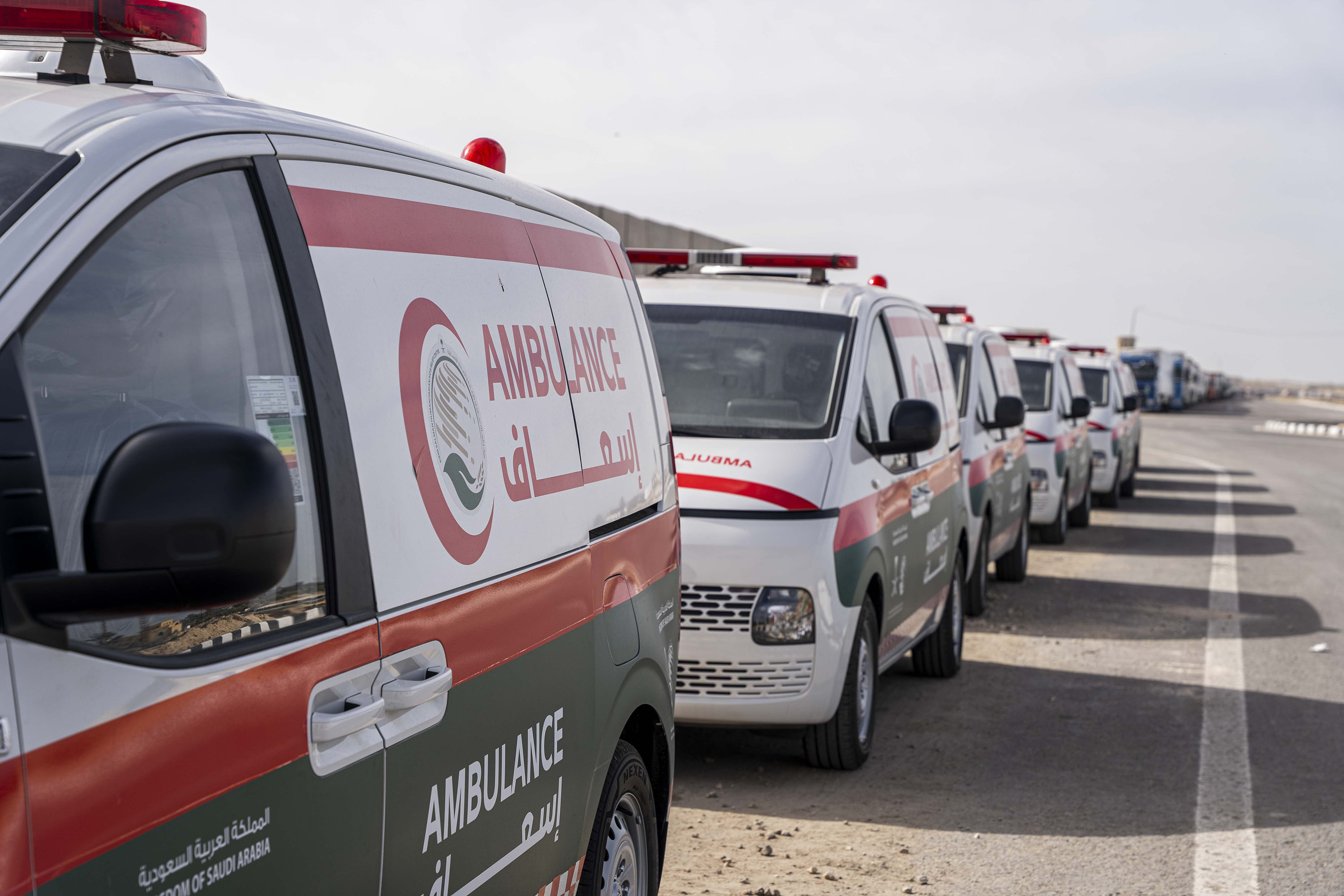 Ambulances used to transport patients from Gaza via the Rafah crossing are seen in Arish, Egypt, on November 22. 