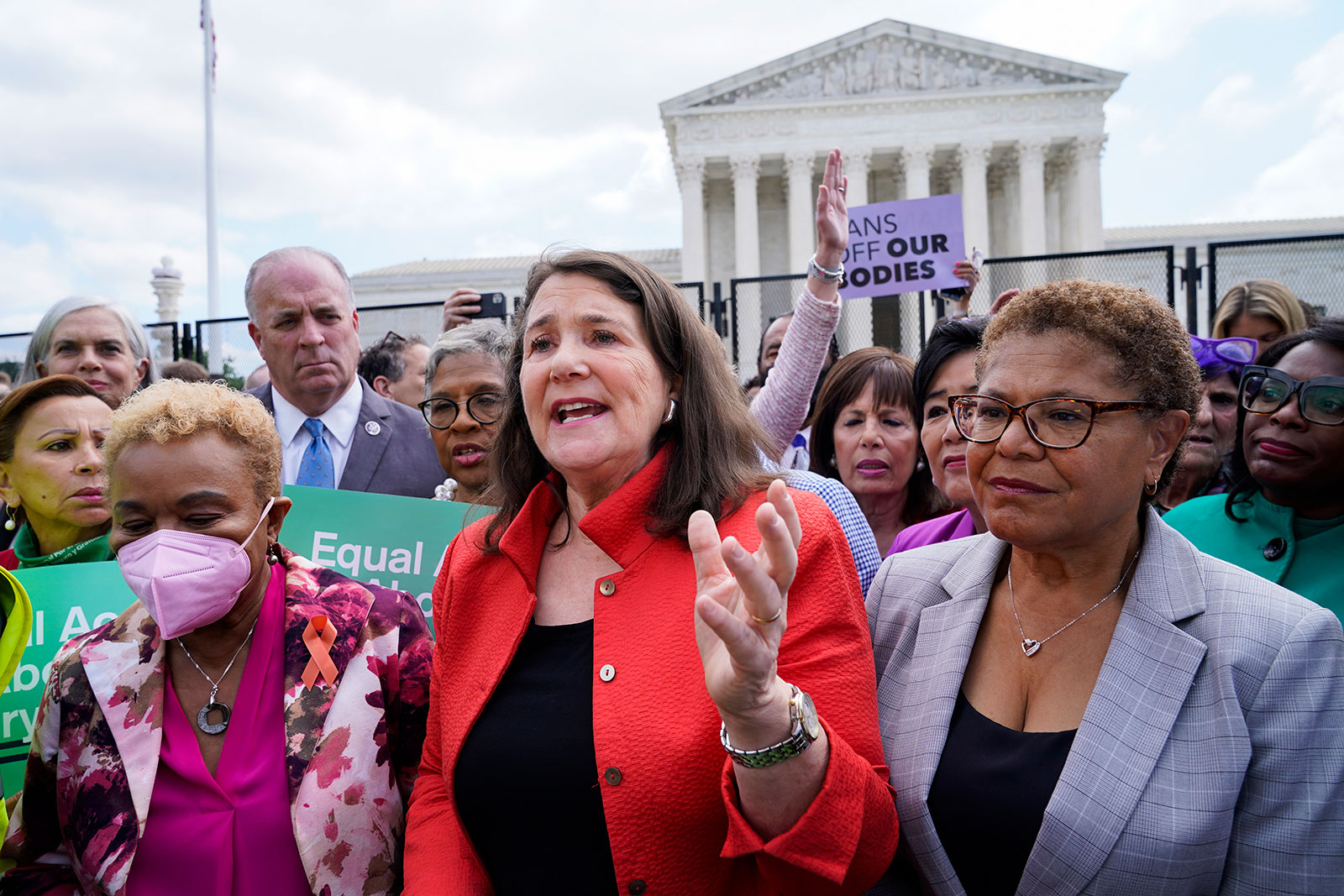 Rep. Diana Degette, center, speaks outside the Supreme Court following Supreme Court's decision to overturn Roe v. Wade in Washington, DC, on June 24. 
