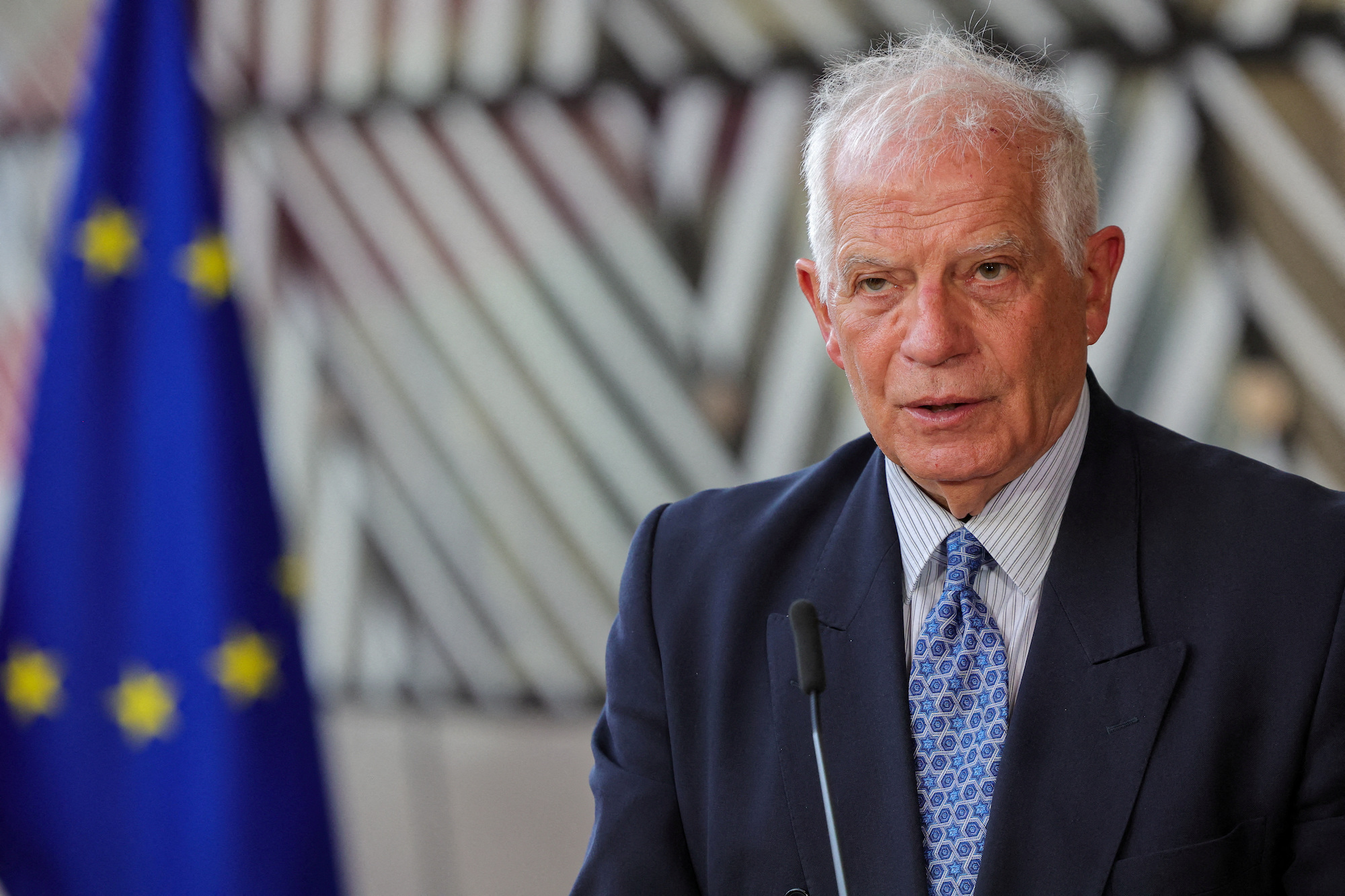 European Union foreign policy chief Josep Borrell speaks to members of the media ahead of a EU-US Energy Council Ministerial Meeting in Brussels, Belgium, on April 4, 2023.