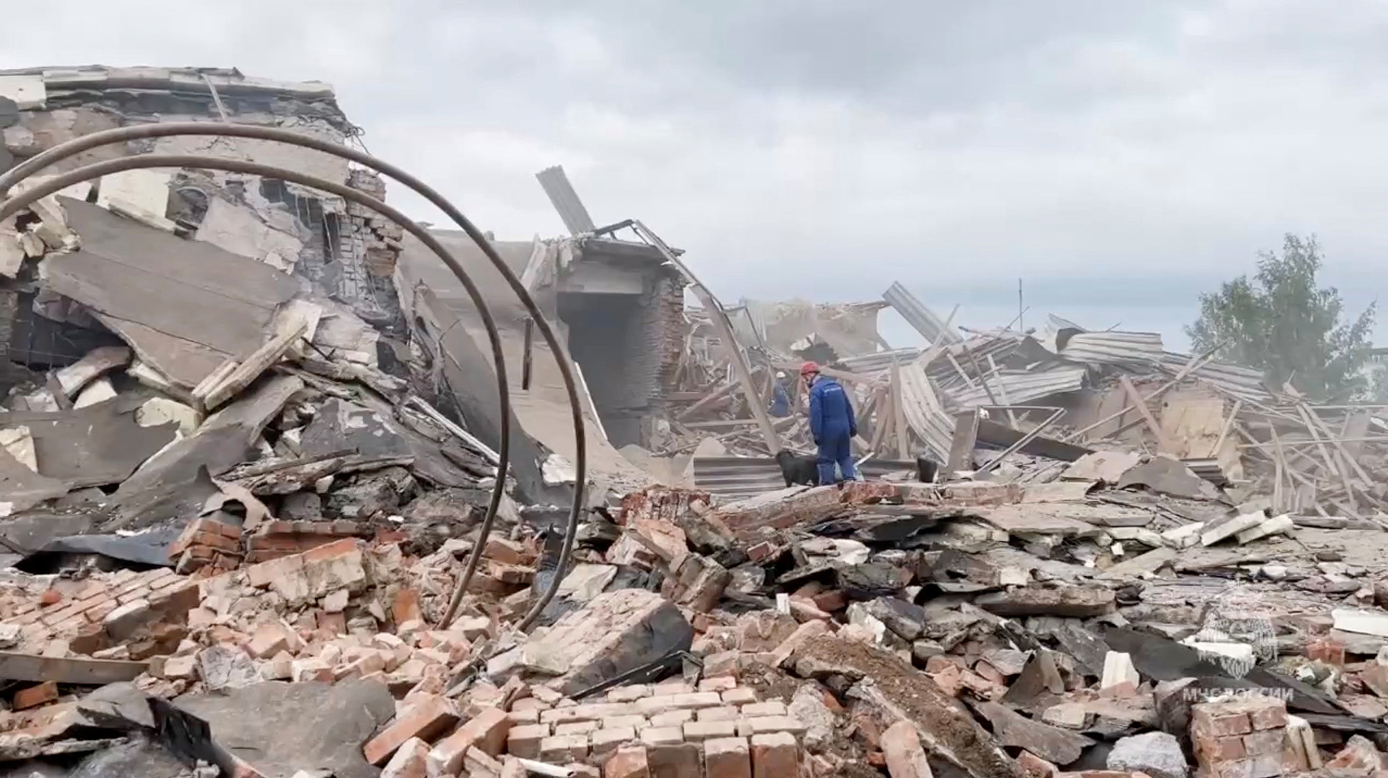 A rescuer with a dog works at the site of a blast at the Zagorsk Optical-Mechanical Plant in Sergiev Posad in the Moscow Region, Russia on August 9, in this still image taken from video. 