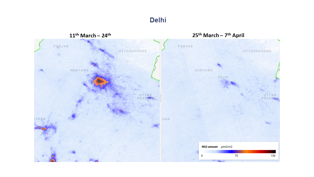 NO2 levels in New Delhi before and after the lockdown.