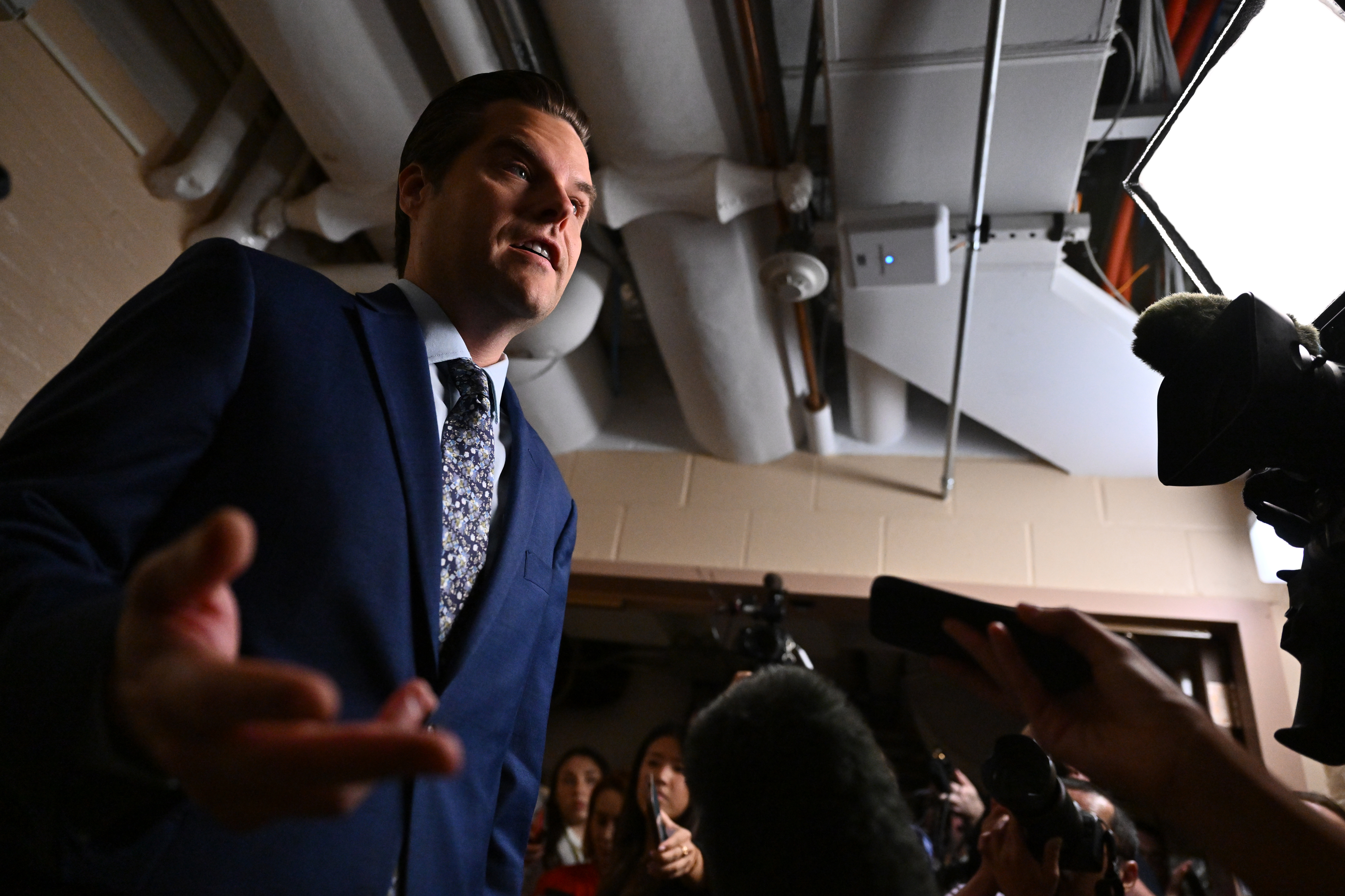 Rep. Matt Gaetz speaks to reporters following a House Republican Conference meeting at the Capitol on October 3, 2023, in Washington, DC.
