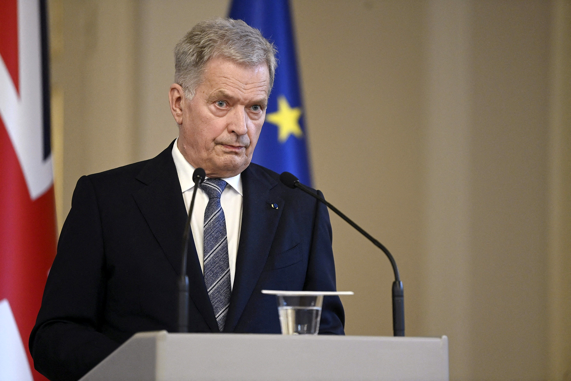Finland's President Sauli Niinistö speaks at a press conference in Helsinki, Finland, on May 11. 