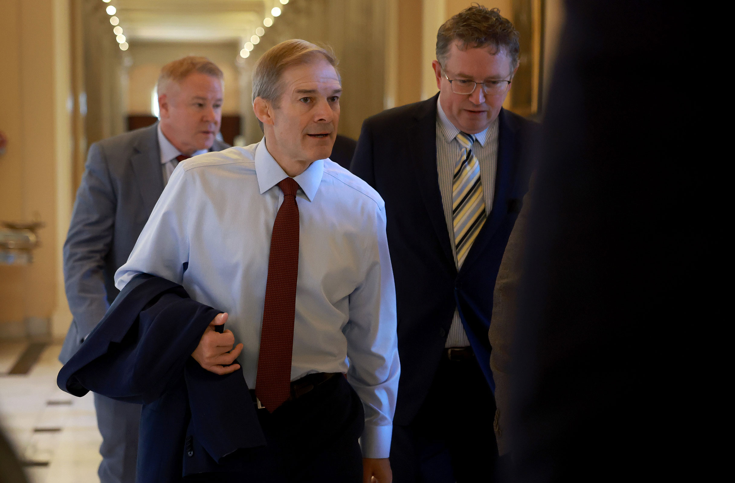 Rep. Jim Jordan and Rep. Thomas Massie arrive at the U.S. Capitol ahead of today's planned Speaker of the House vote in the House of Representatives on October 18, in Washington, DC. 