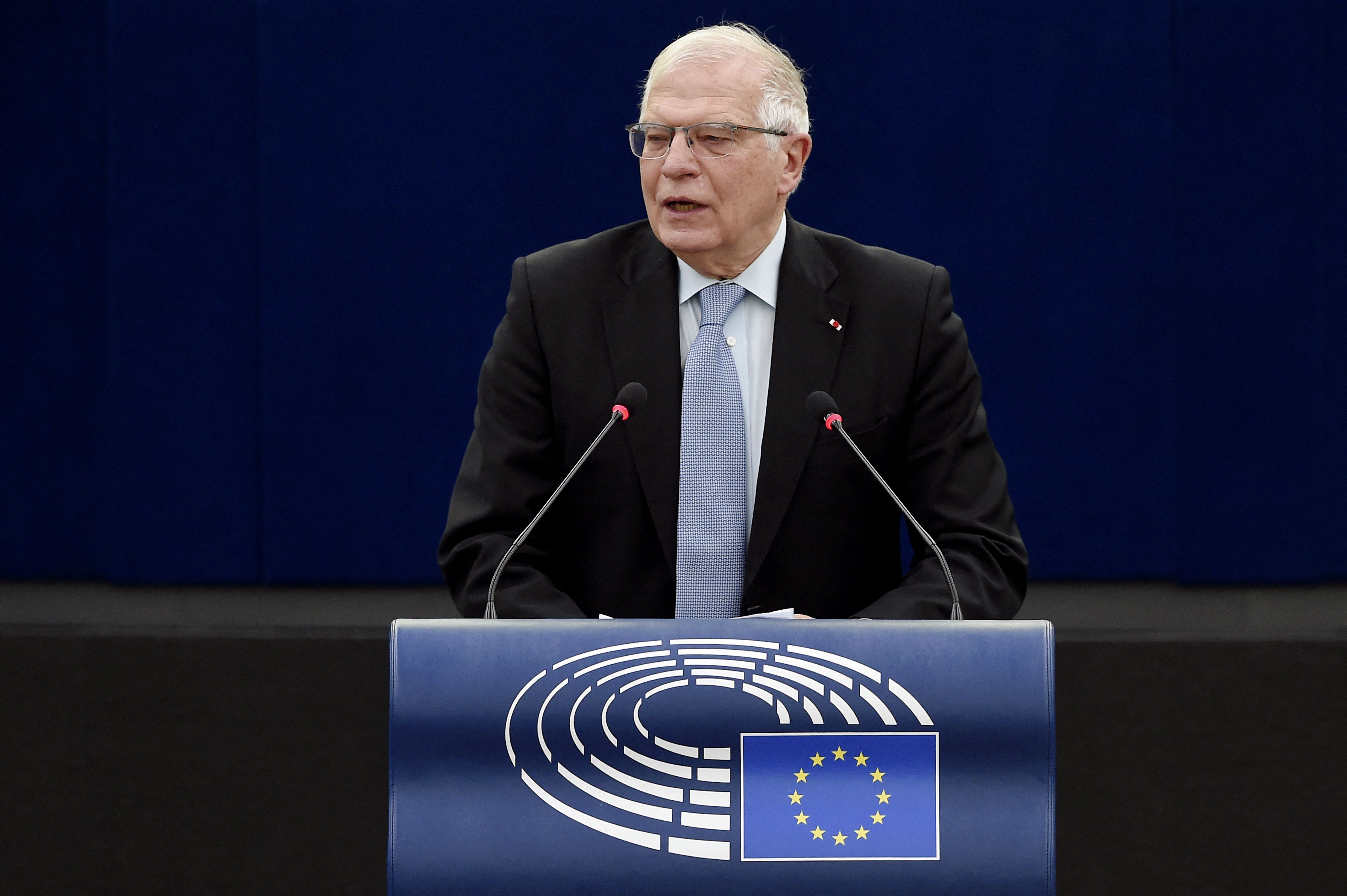 Josep Borrell speaks in a debate on European security and the Russian military threat against Ukraine during a plenary session at the European Parliament in Strasbourg on February 16.