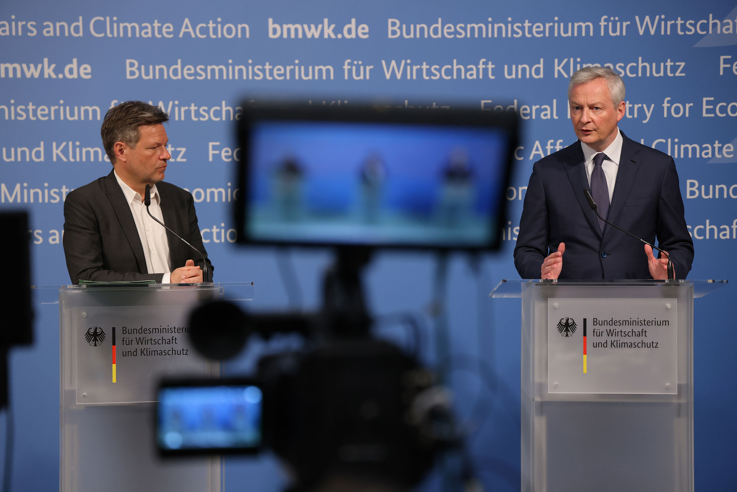 German Economy and Climate Protection Minister Robert Habeck, left, listens as French Minister of Economy and Finance Bruno Le Maire speaks during a news conference in Berlin on Thursday.