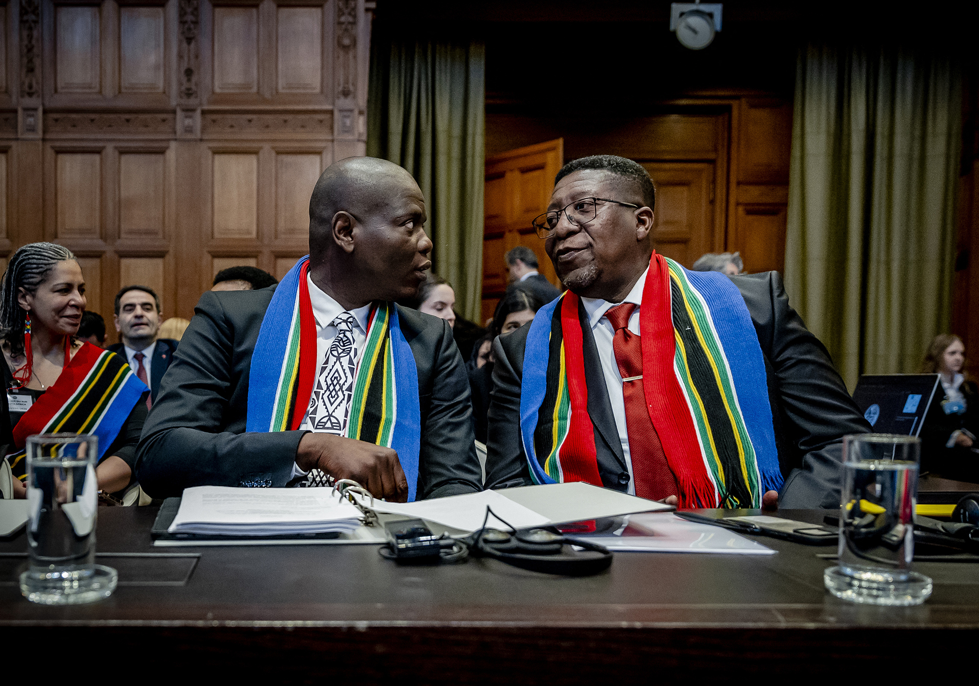 South African Justice Minister Ronald Lamola (left) and South African Ambassador to the Netherlands Vusimuzi Madonsela attend an International Court of Justice hearing before the hearing in the genocide case against Israel brought by South Africa, in The Hague, Netherlands, in January.  11.