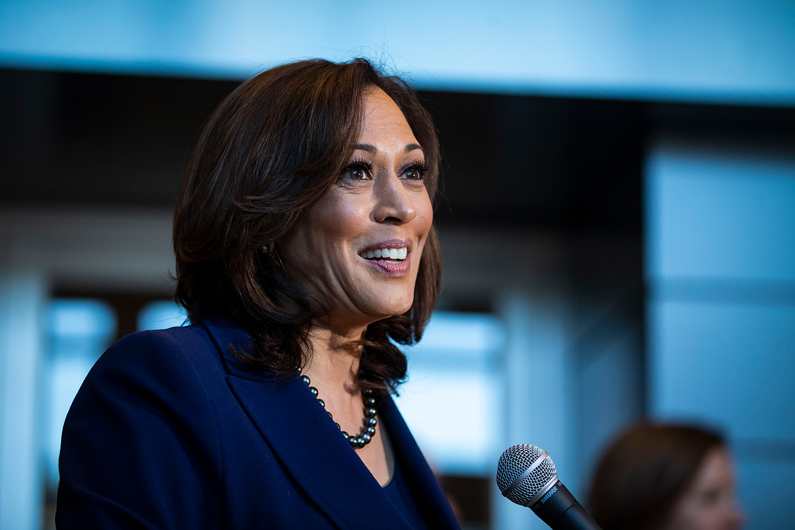 Sen. Kamala Harris speaks to reporters after announcing her candidacy for President of the United States, at Howard University, her alma mater, on January 21, 2019 in Washington, DC.