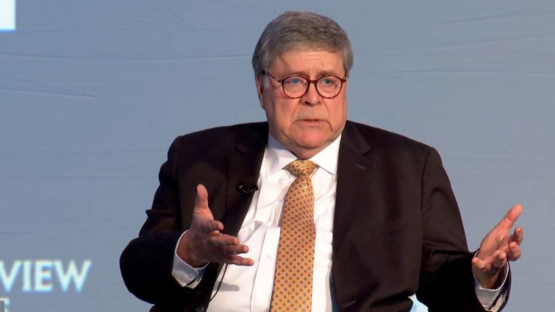 Former Attorney General Bill Barr speaks at the National Review Institute summit held in Washington, DC.