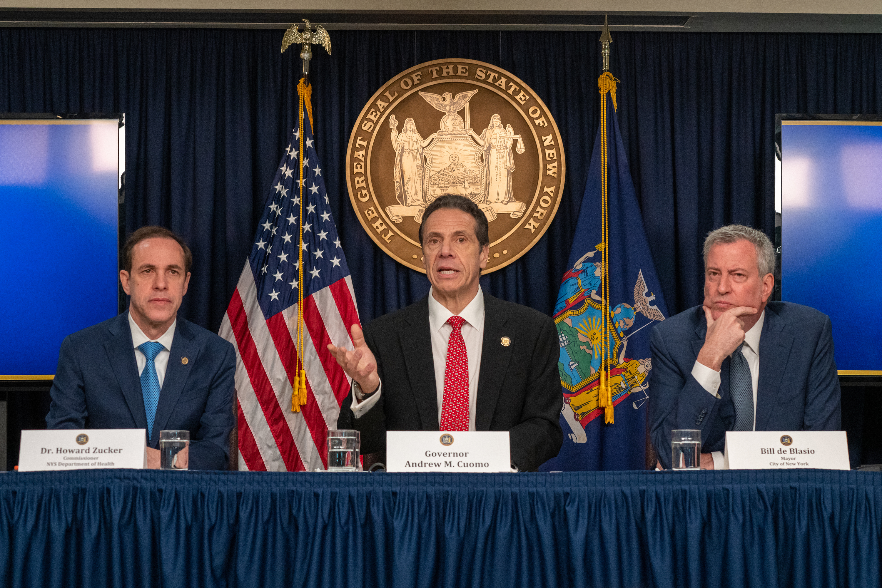 New York state Gov. Andrew Cuomo, center, New York City Mayor Bill DeBlasio, right, and New York state Department of Health Commissioner Howard Zucker hold a news conference on the first confirmed case of COVID-19 in New York on Monday, March 2, in New York City. 
