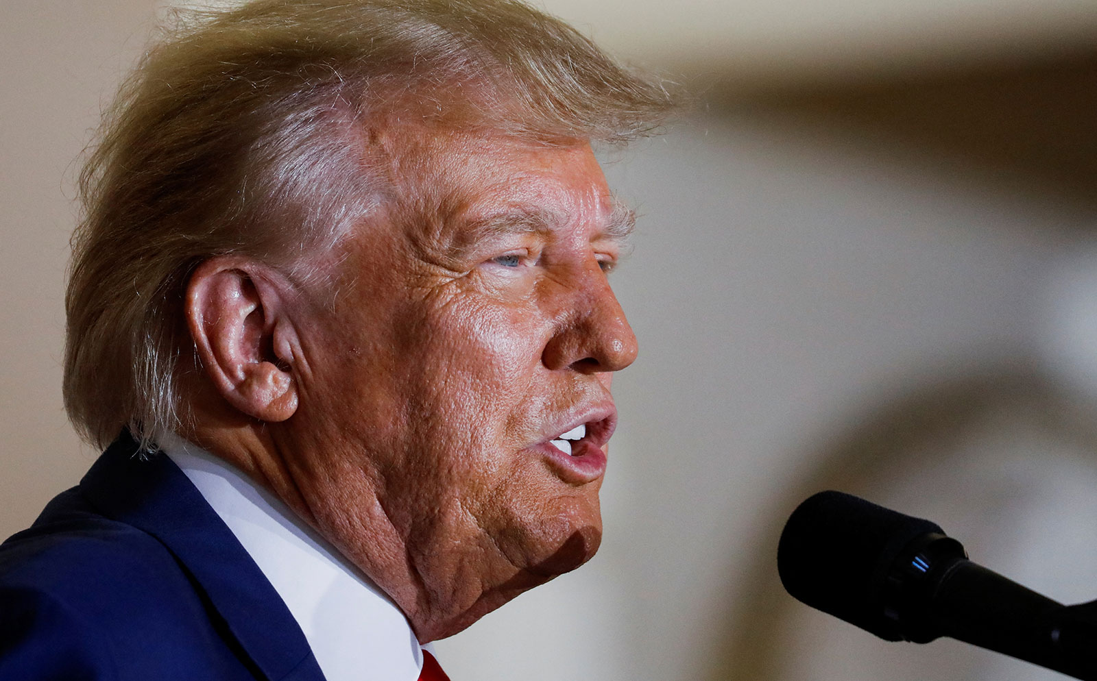 Former US President Donald Trump delivers remarks in Palm Beach, Florida, on the day of his court appearance in New York after being indicted on Tuesday. 