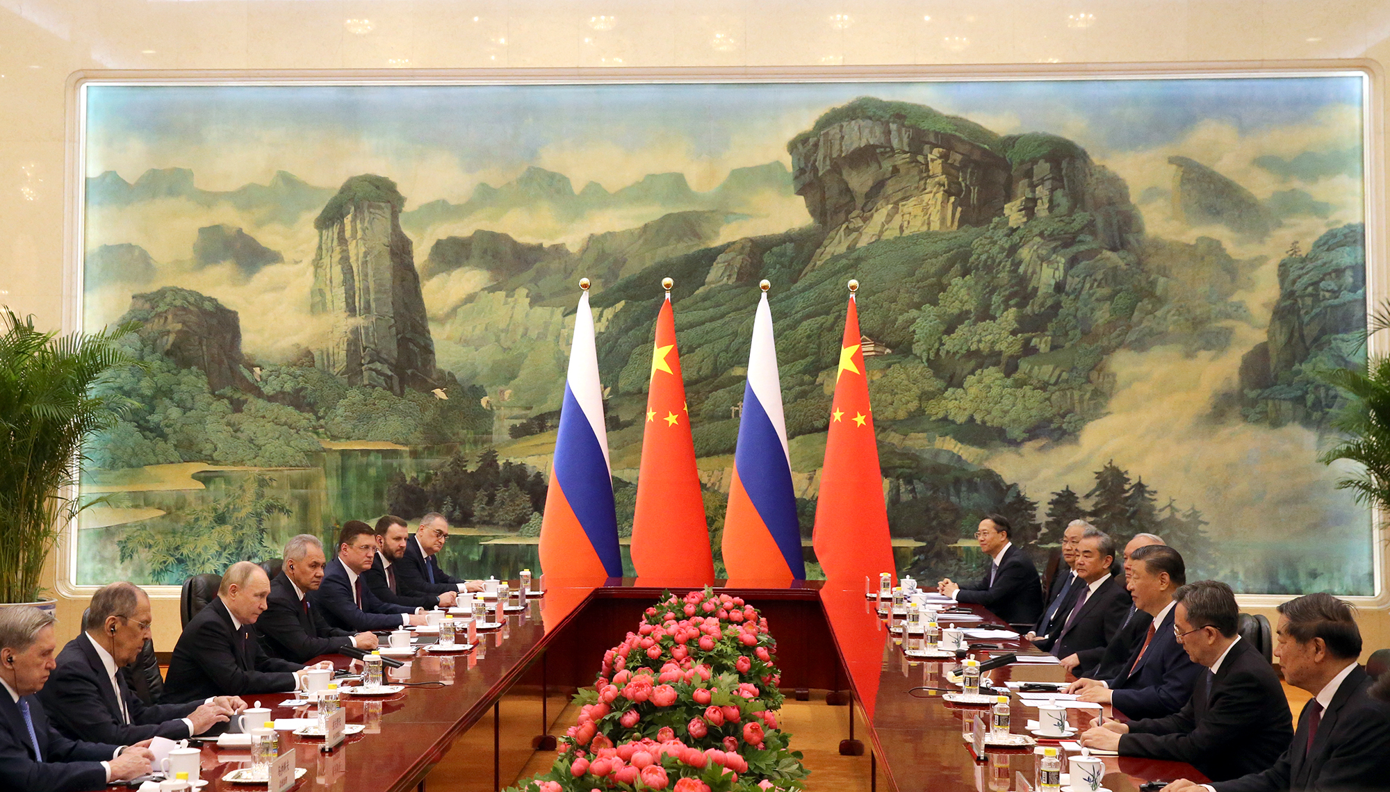 Russian President Vladimir Putin, third left, and Chinese President Xi Jinping, third right, attend a bilateral meeting in Beijing, China, on May 16.