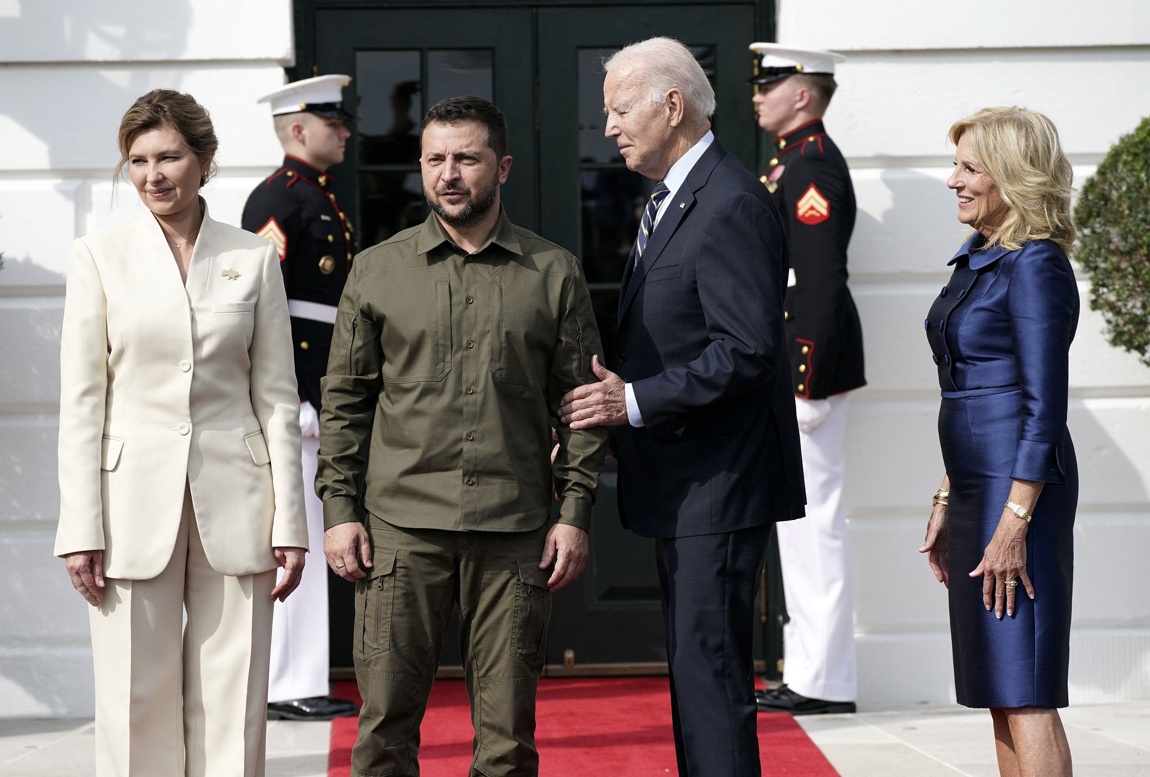 President Joe Biden and first lady Jill Biden welcome Ukrainian President Volodymyr Zelensky and his wife Olena as they arrive at the White House in Washington, DC, on Thursday. 
