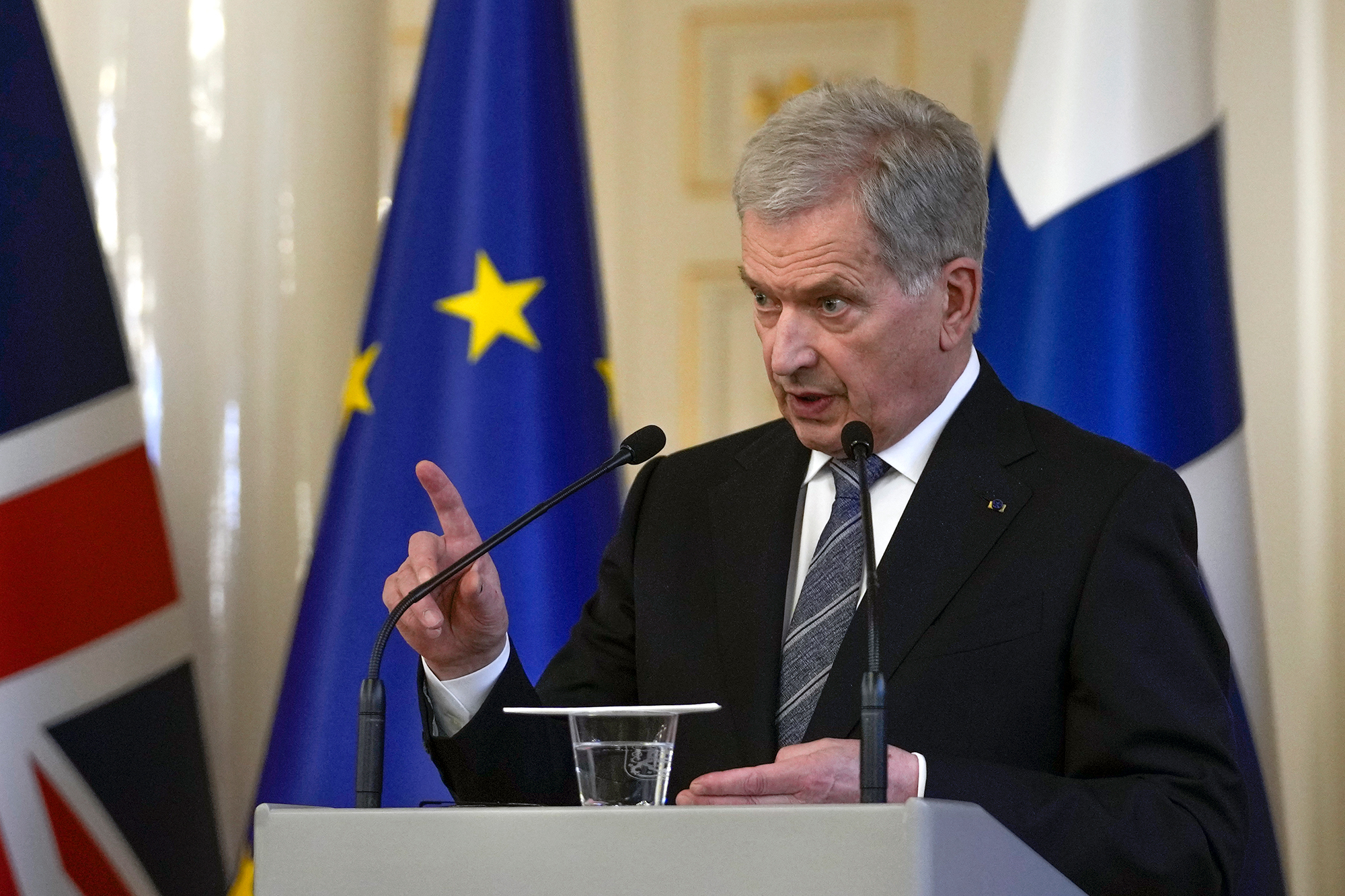 Finnish President Sauli Niinistö speaks during a press conference in Helsinki, Finland, on May 11. 