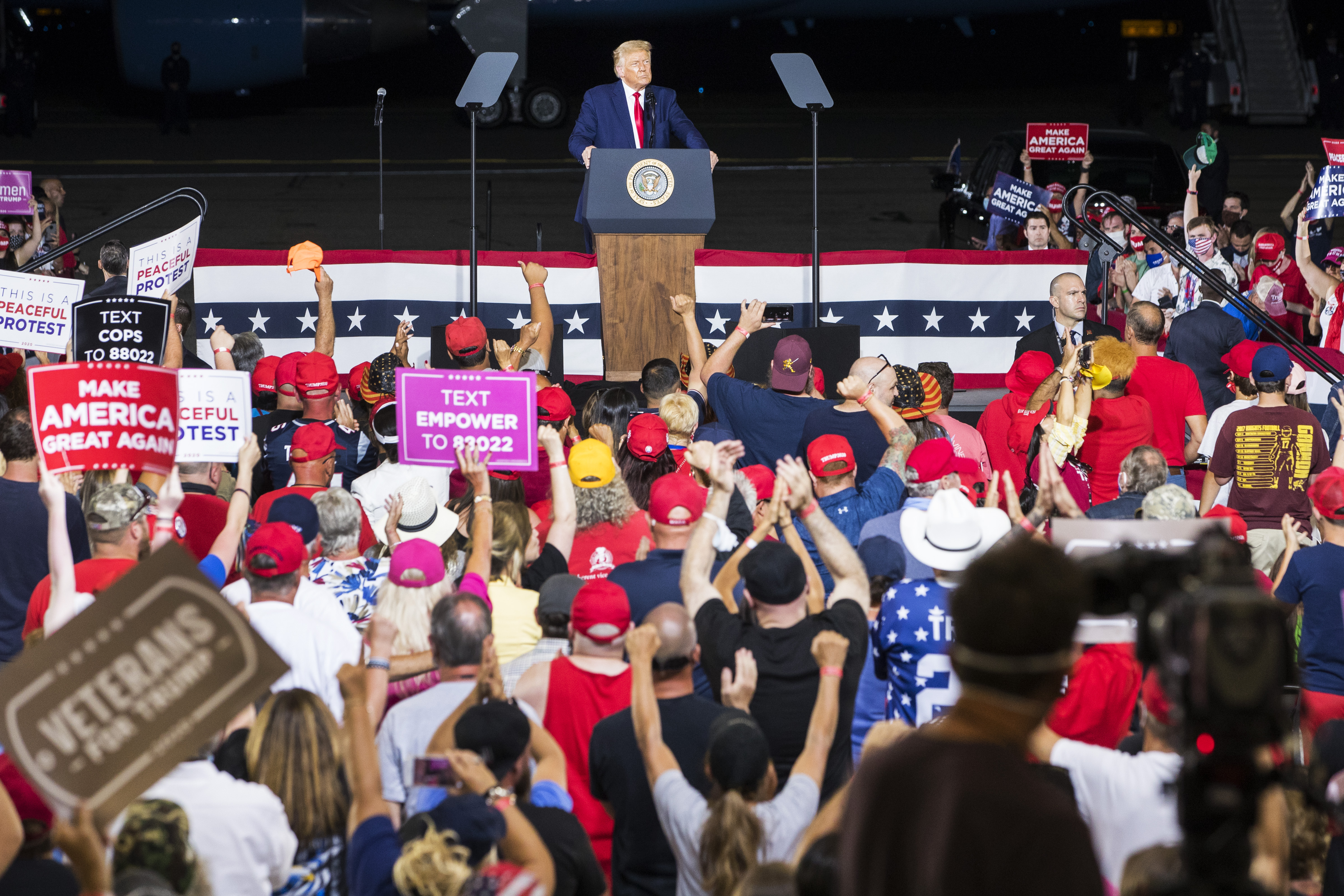 President Donald Trump speaks at a campaign rally on August 28 in Londonderry, New Hampshire.