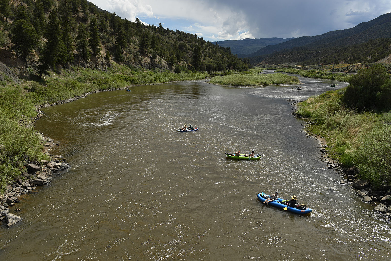 Rafters float down the Colorado River in Bond, Colorado, on July 2.