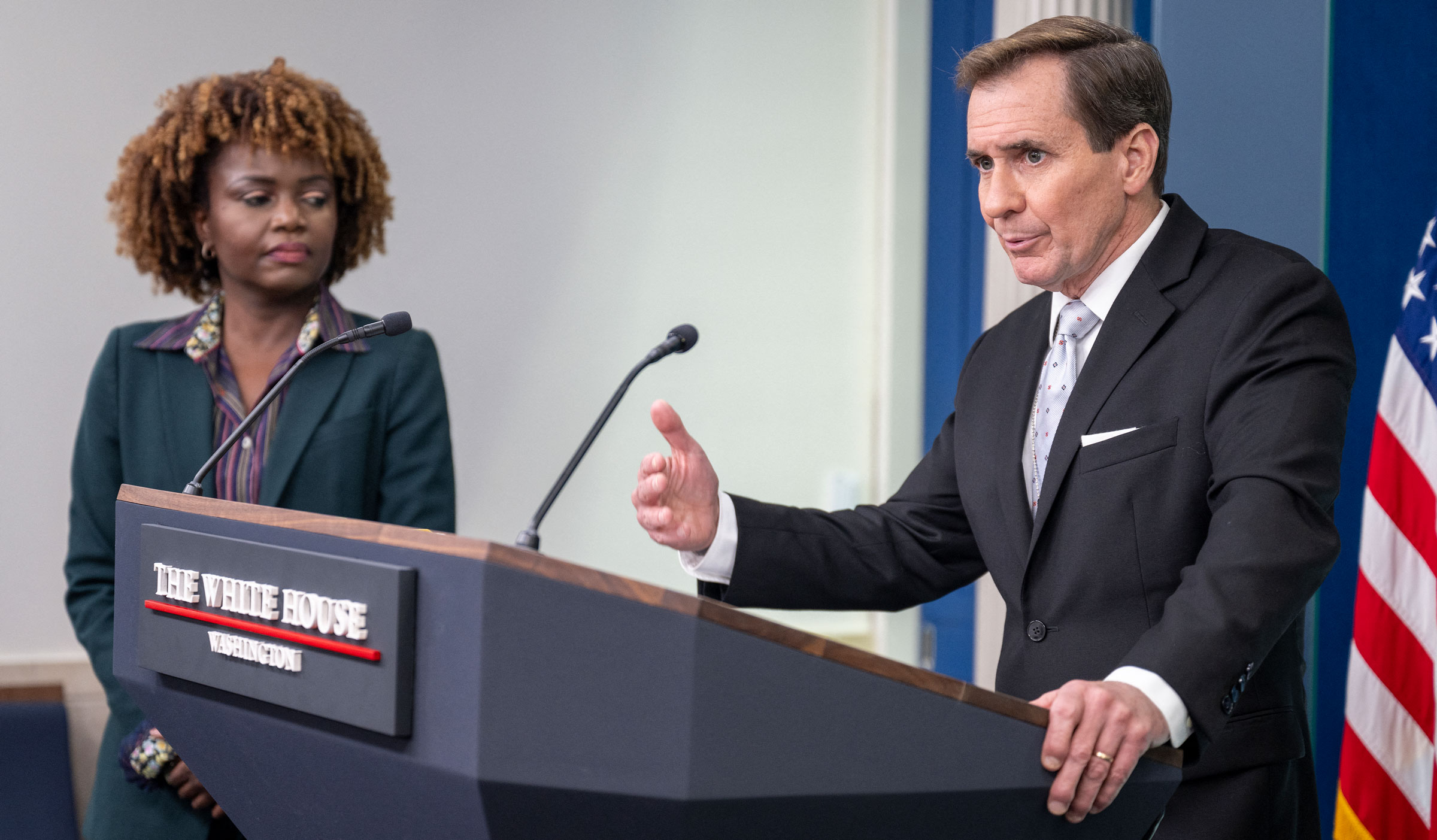 National Security Council spokesman John Kirby, next to White House press secretary Karine Jean-Pierre, speaks to reporters at a White House briefing on Friday.