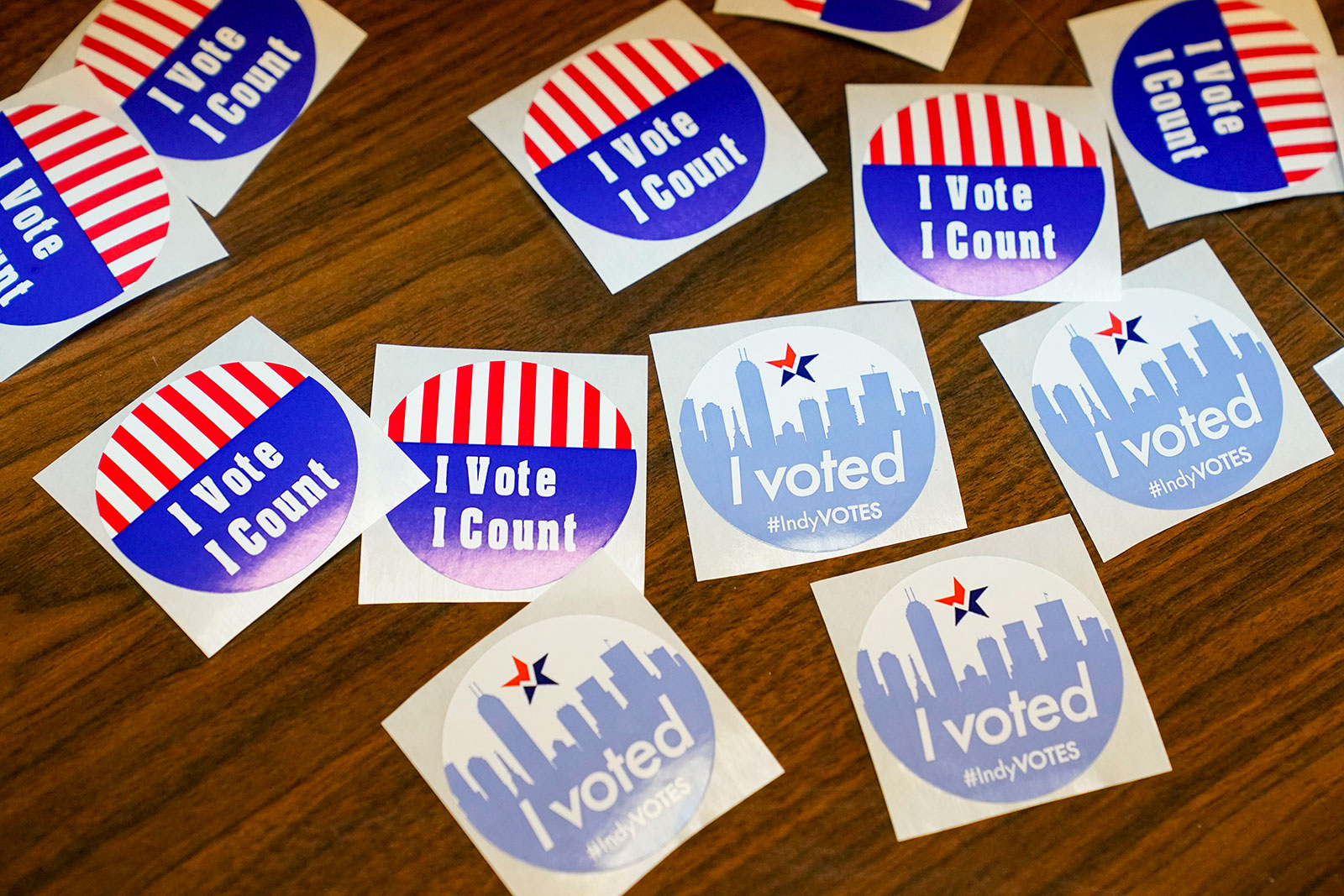 Stickers await voters during primary election voting in Indianapolis, Indiana, on Tuesday, May 3.