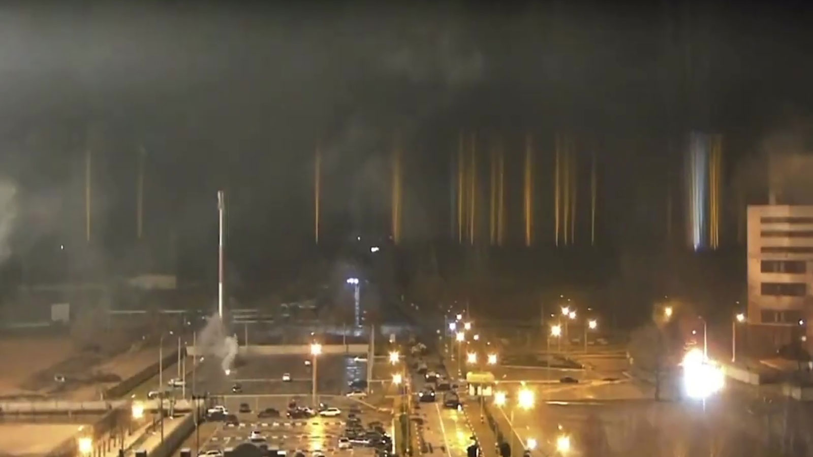 A screen grab captured from video shows a view of Zaporizhzhia nuclear power plant following clashes at the stie on March 4.