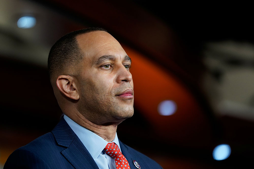 Hakeem Jeffries speaks to reporters after a Democratic Caucus meeting in February. 
