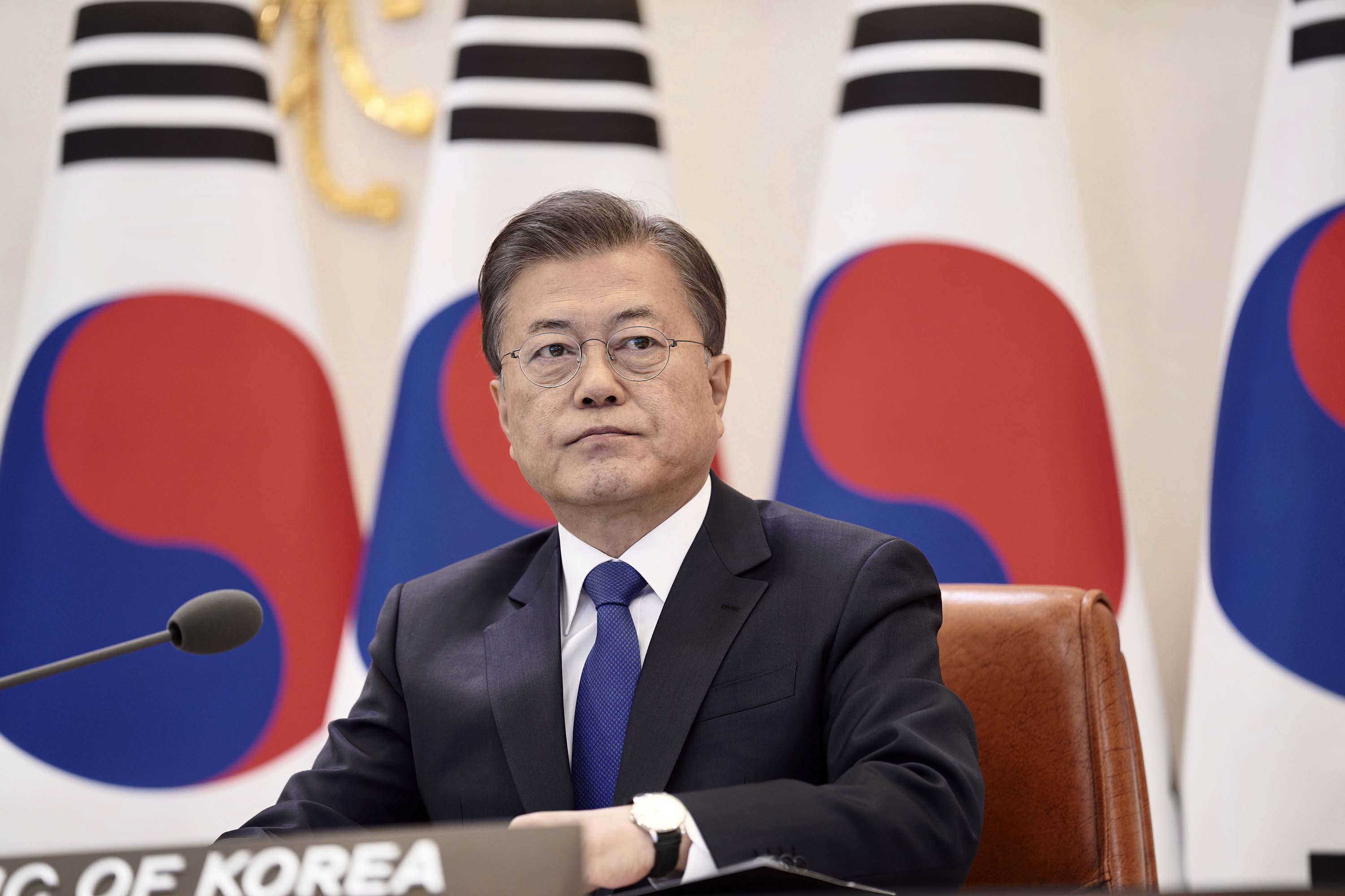 South Korean President Moon Jae-in attends a virtual summit at the presidential Blue House in Seoul, South Korea, on April 14.