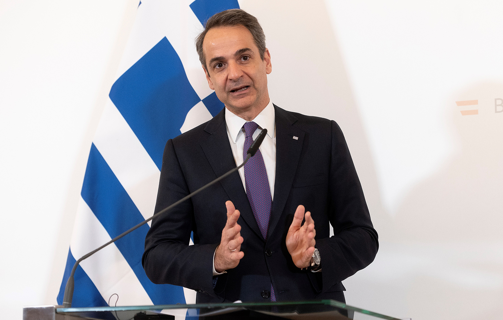 Prime Minister Kyriakos Mitsotakis of Greece speaks during a press conference in Vienna, Austria on March 10.