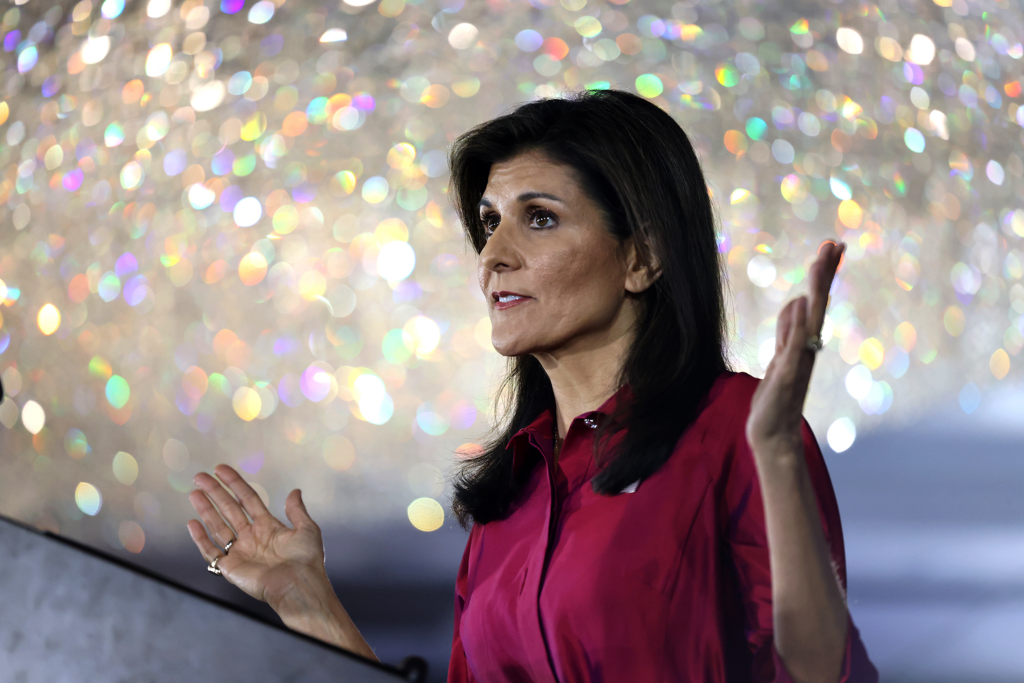 Nikki Haley speaks during a caucus night watch party in West Des Moines, Iowa, on Monday.