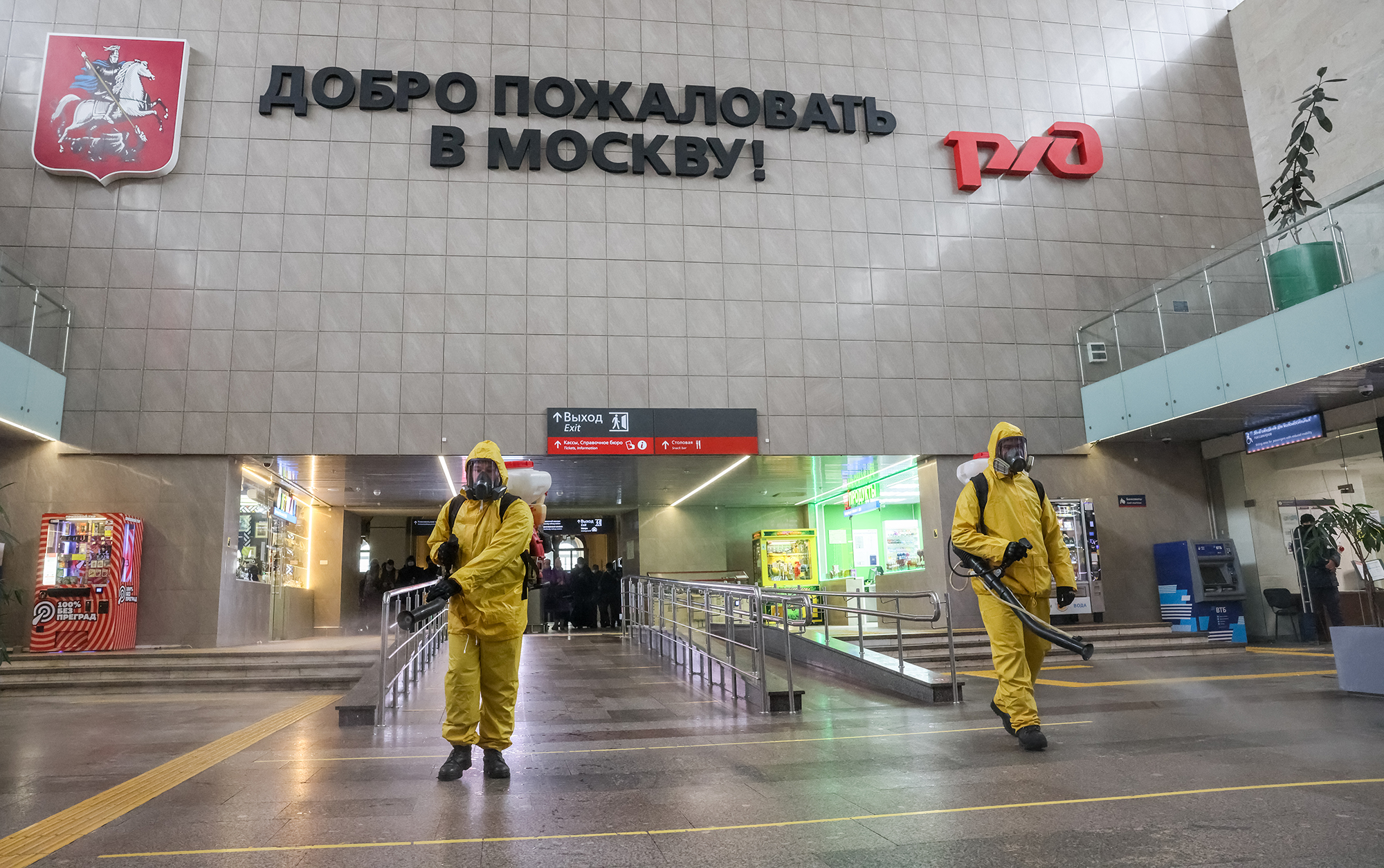 Employees of the Lider Center for Special Risk Rescue Operations of the Russian Emergencies Ministry carry out disinfection of Leningradsky Railway Station in Moscow, Russia amid the COVID-19 pandemic on January 27.