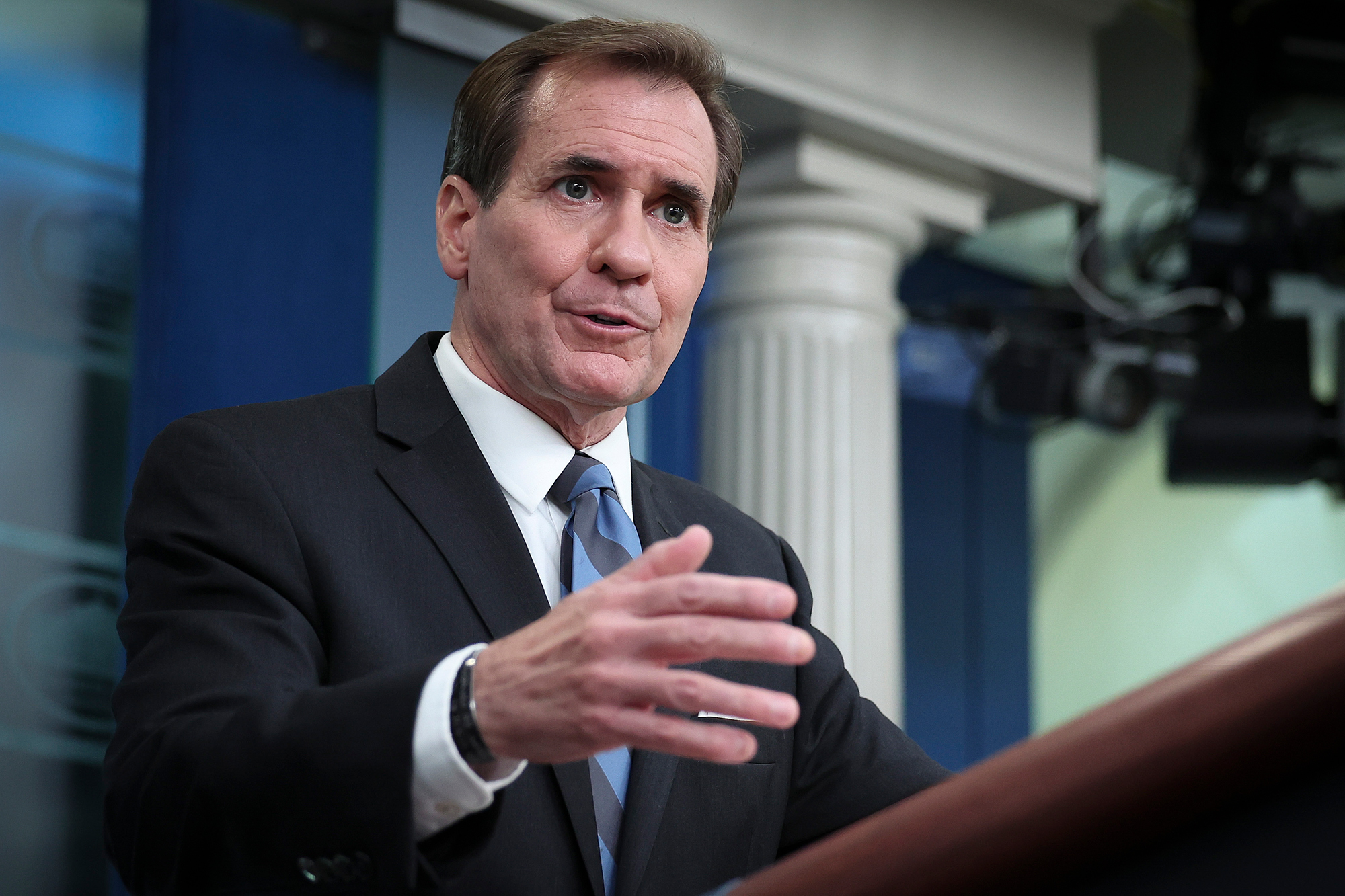 National Security Council coordinator for strategic communications John Kirby answers questions during a briefing at the White House on August 4, in Washington, DC. 