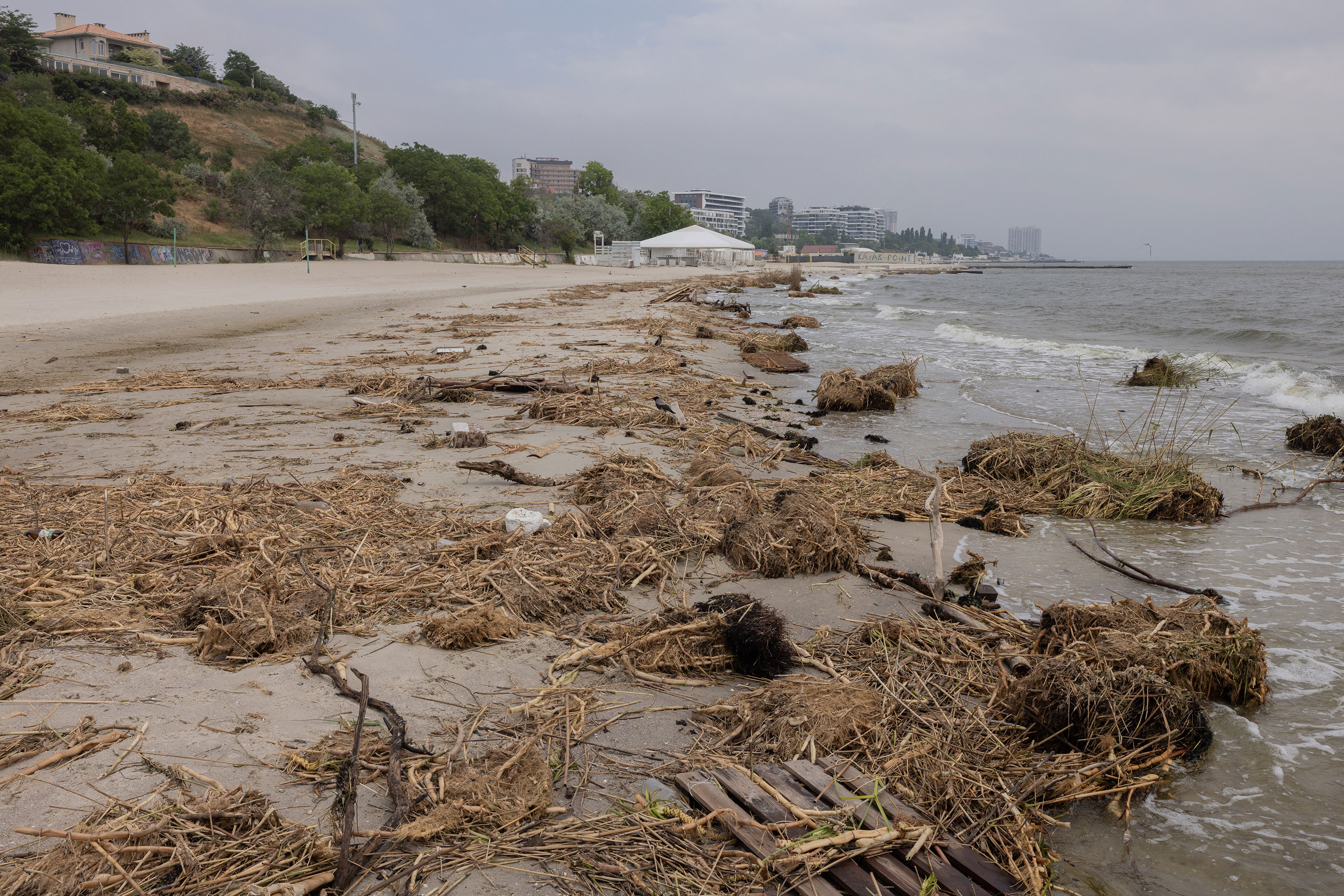 Debris litters a beach in Odesa on June 13. 