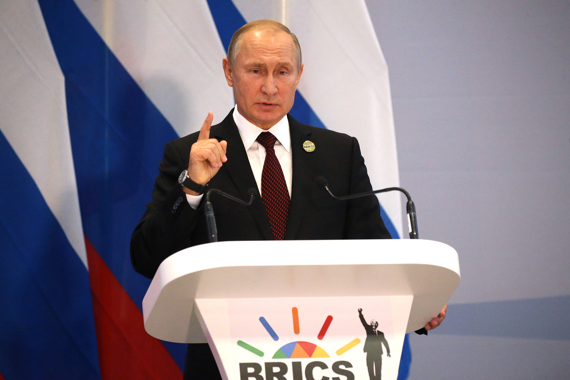 Russian President Vladimir Putin speaks during a press conference at the BRICS Summit on July 27, 2018 in Johannesburg, South Africa. 