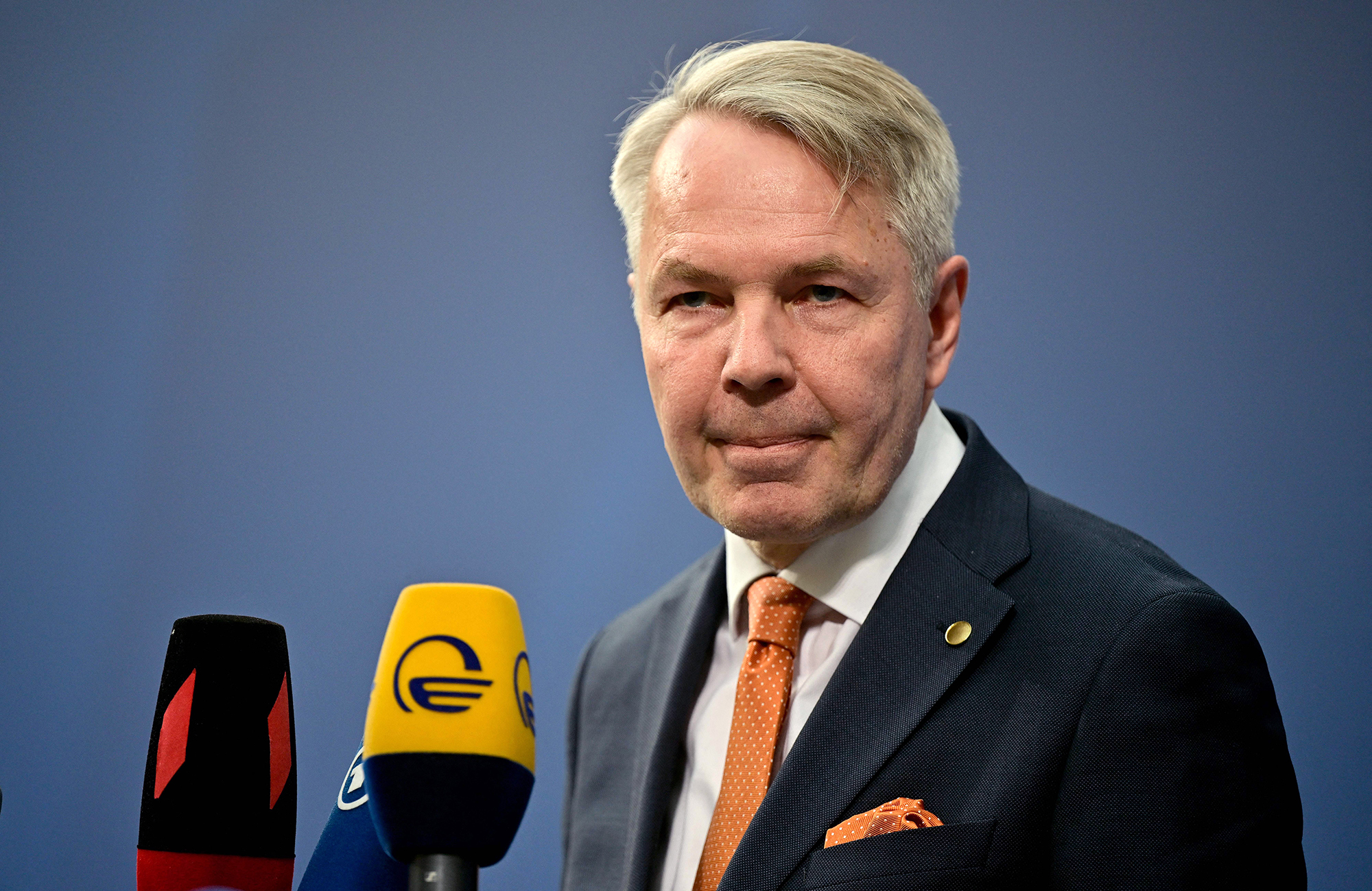 Finnish Foreign Minister Pekka Haavisto speaks to reporters as he arrives for a meeting of NATO foreign ministers on May 14, in Berlin, Germany. 
